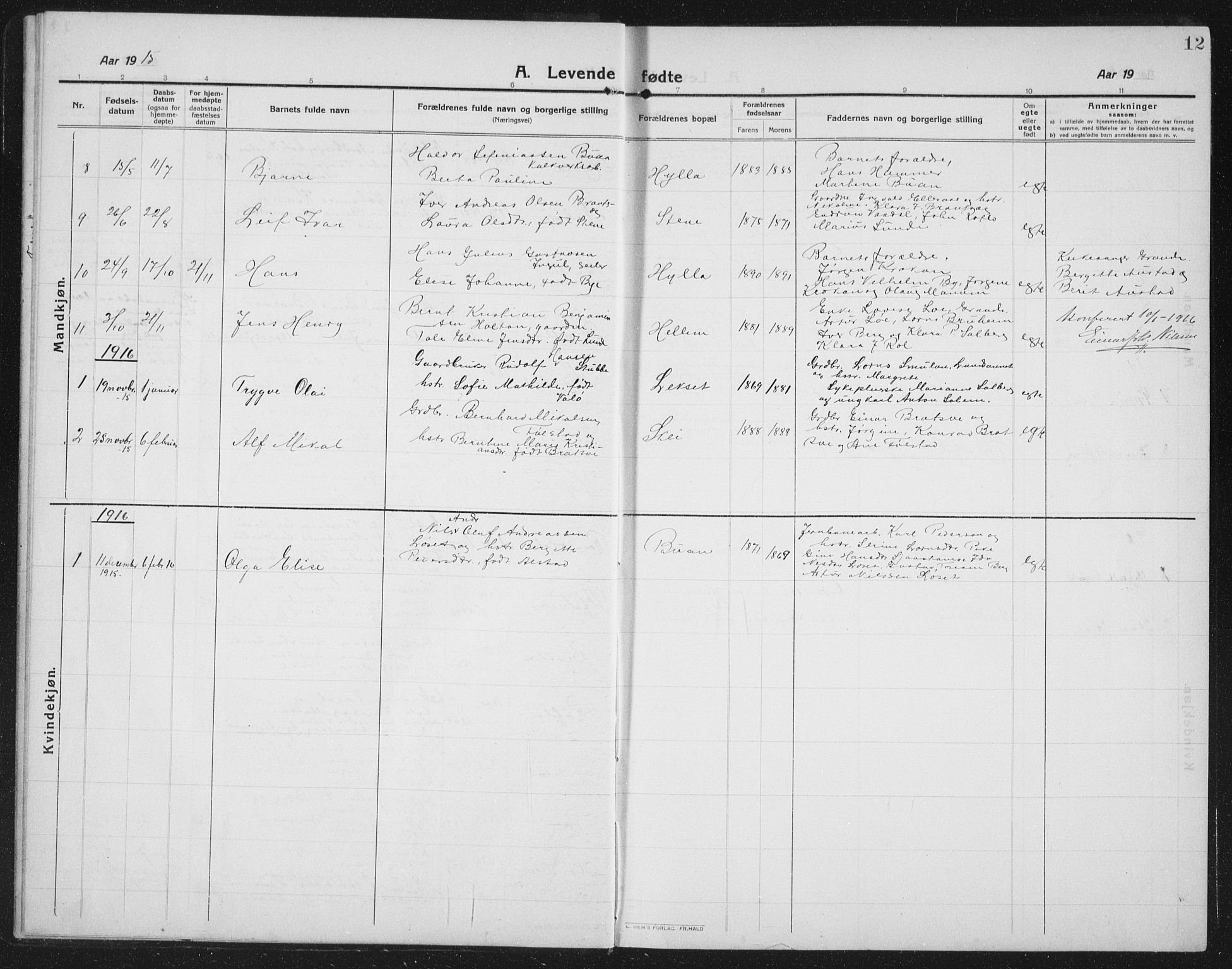 Ministerialprotokoller, klokkerbøker og fødselsregistre - Nord-Trøndelag, AV/SAT-A-1458/731/L0312: Parish register (copy) no. 731C03, 1911-1935, p. 12