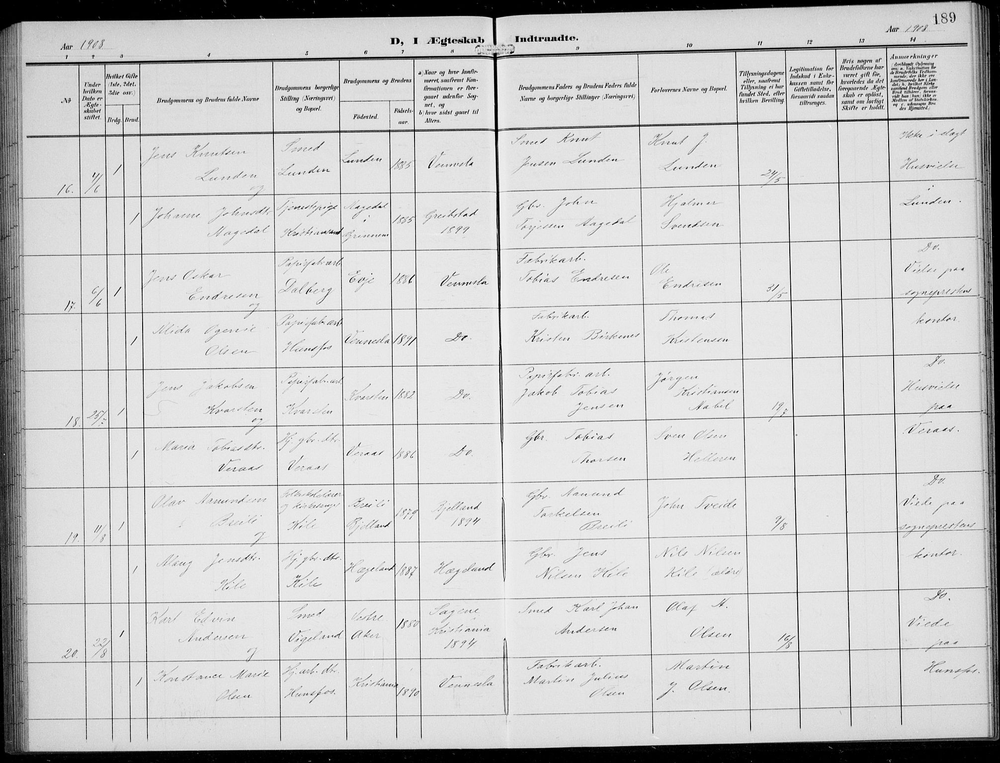 Vennesla sokneprestkontor, AV/SAK-1111-0045/Fb/Fbb/L0005: Parish register (copy) no. B 5, 1903-1913, p. 189