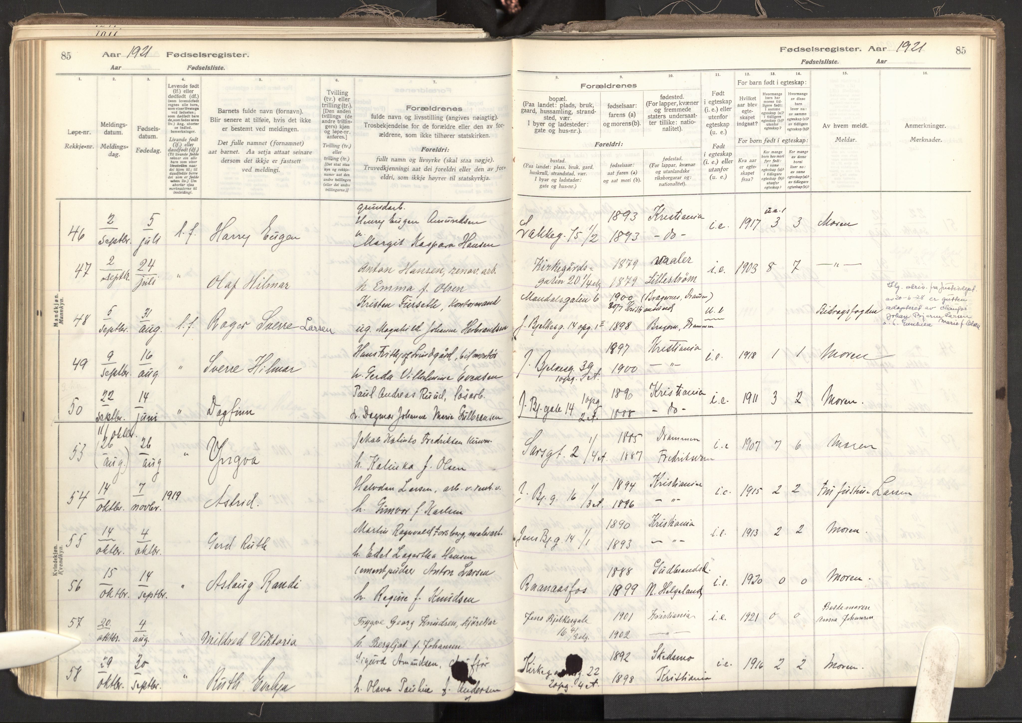 Tøyen prestekontor Kirkebøker, AV/SAO-A-10167a/J/Ja/L0001: Birth register no. 1, 1916-1944, p. 85
