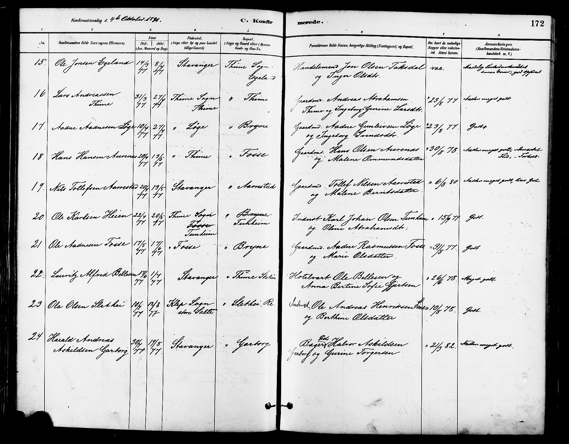 Lye sokneprestkontor, AV/SAST-A-101794/001/30BA/L0009: Parish register (official) no. A 8, 1881-1892, p. 172