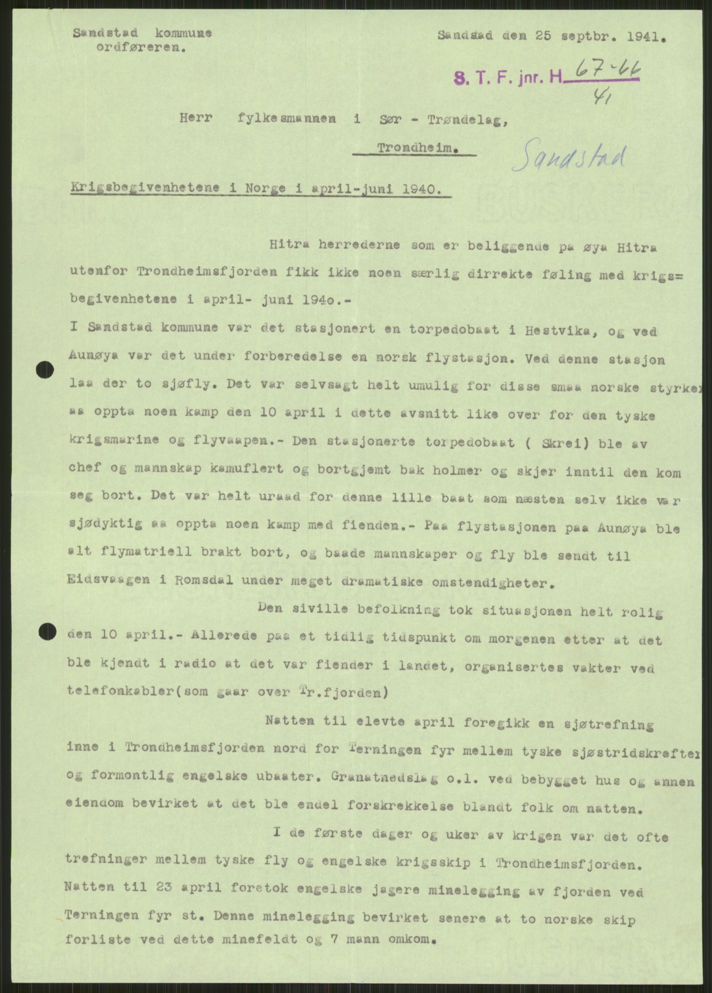 Forsvaret, Forsvarets krigshistoriske avdeling, AV/RA-RAFA-2017/Y/Ya/L0016: II-C-11-31 - Fylkesmenn.  Rapporter om krigsbegivenhetene 1940., 1940, p. 57