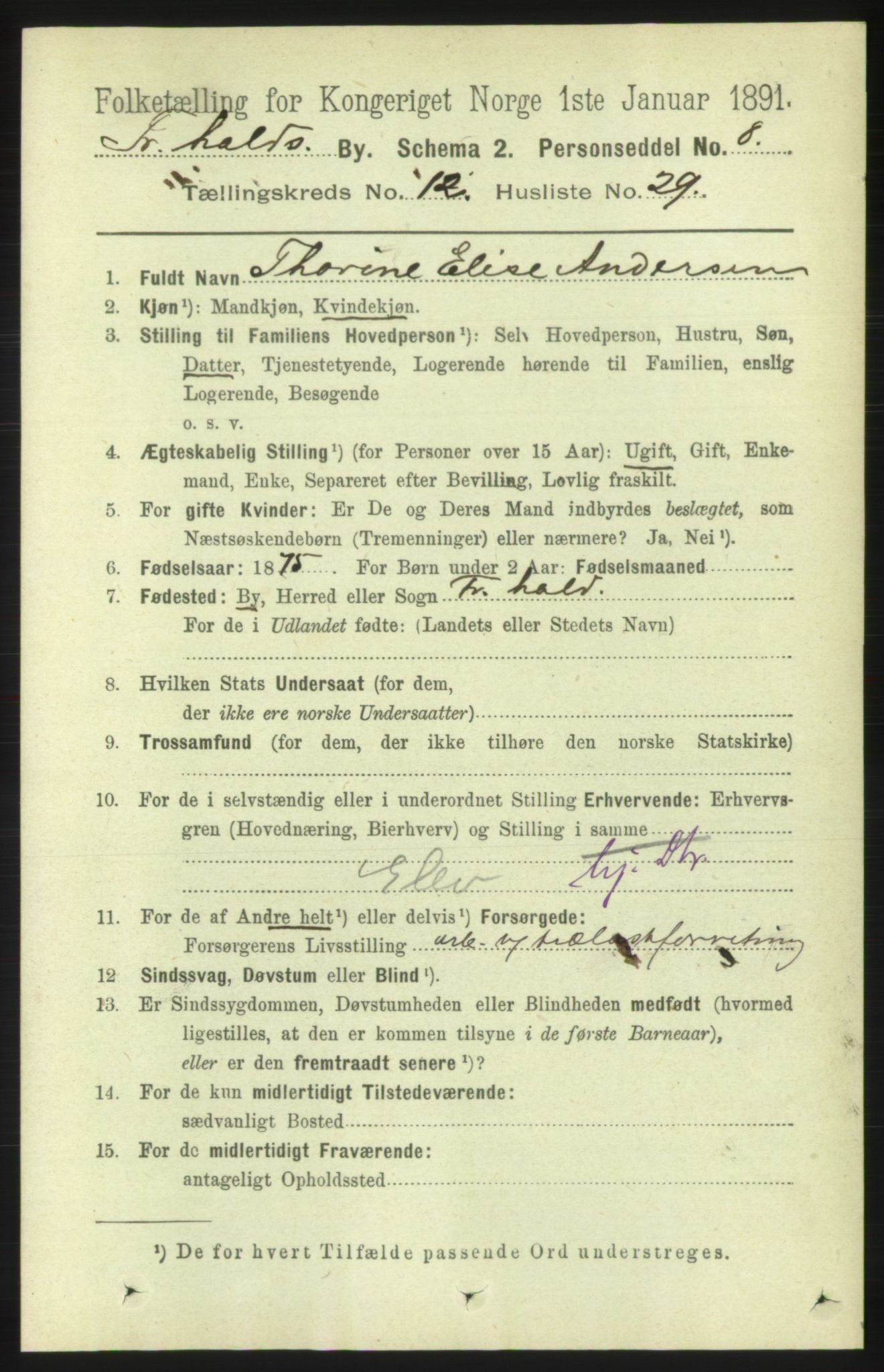 RA, 1891 census for 0101 Fredrikshald, 1891, p. 8652