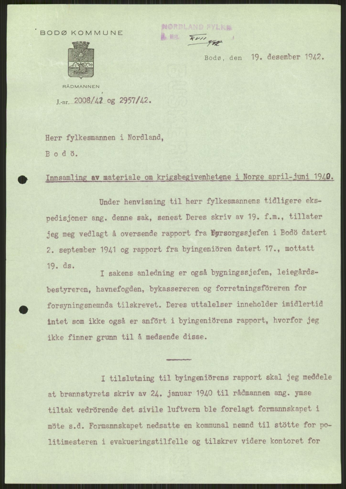 Forsvaret, Forsvarets krigshistoriske avdeling, AV/RA-RAFA-2017/Y/Ya/L0017: II-C-11-31 - Fylkesmenn.  Rapporter om krigsbegivenhetene 1940., 1940, p. 101