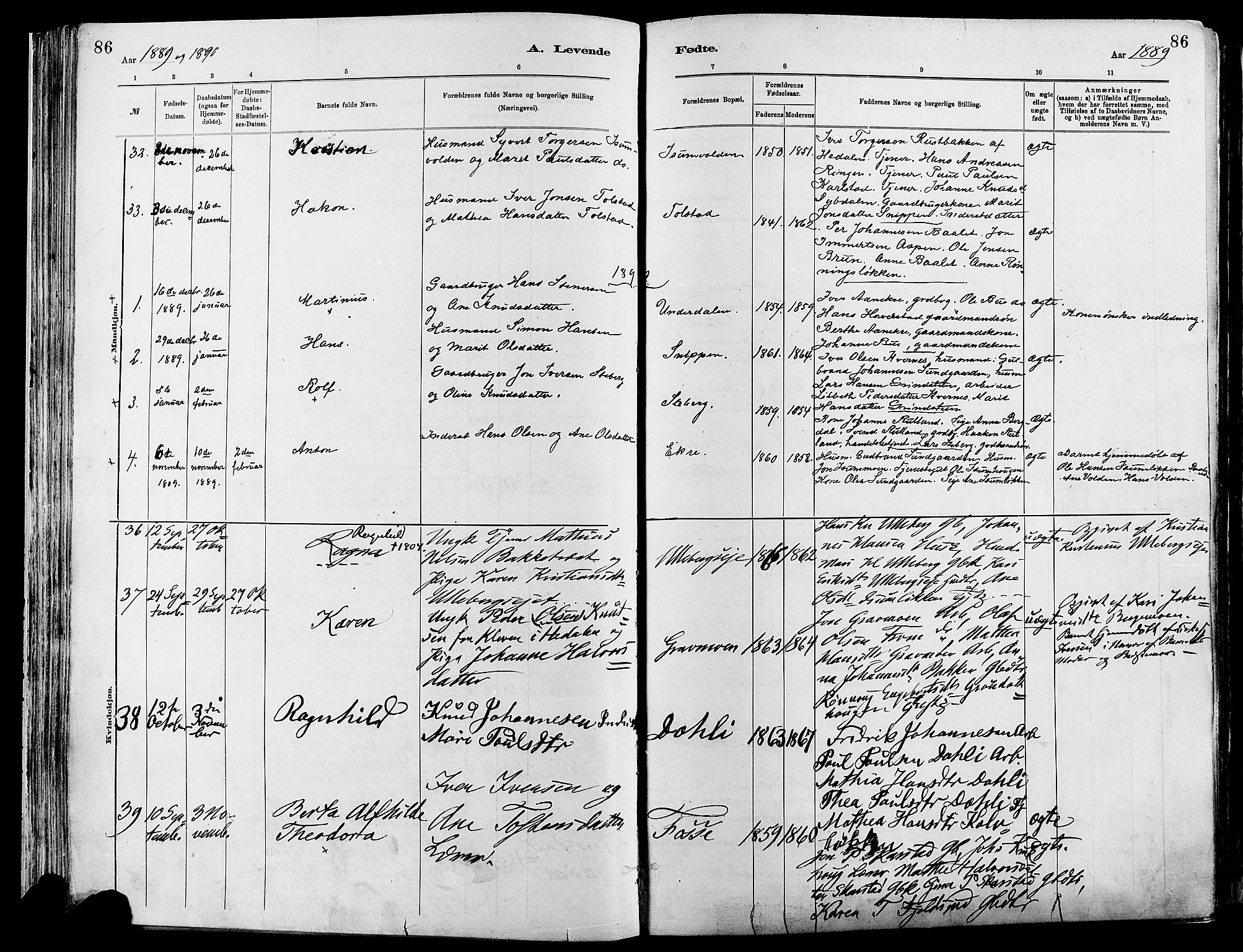 Sør-Fron prestekontor, AV/SAH-PREST-010/H/Ha/Haa/L0003: Parish register (official) no. 3, 1881-1897, p. 86