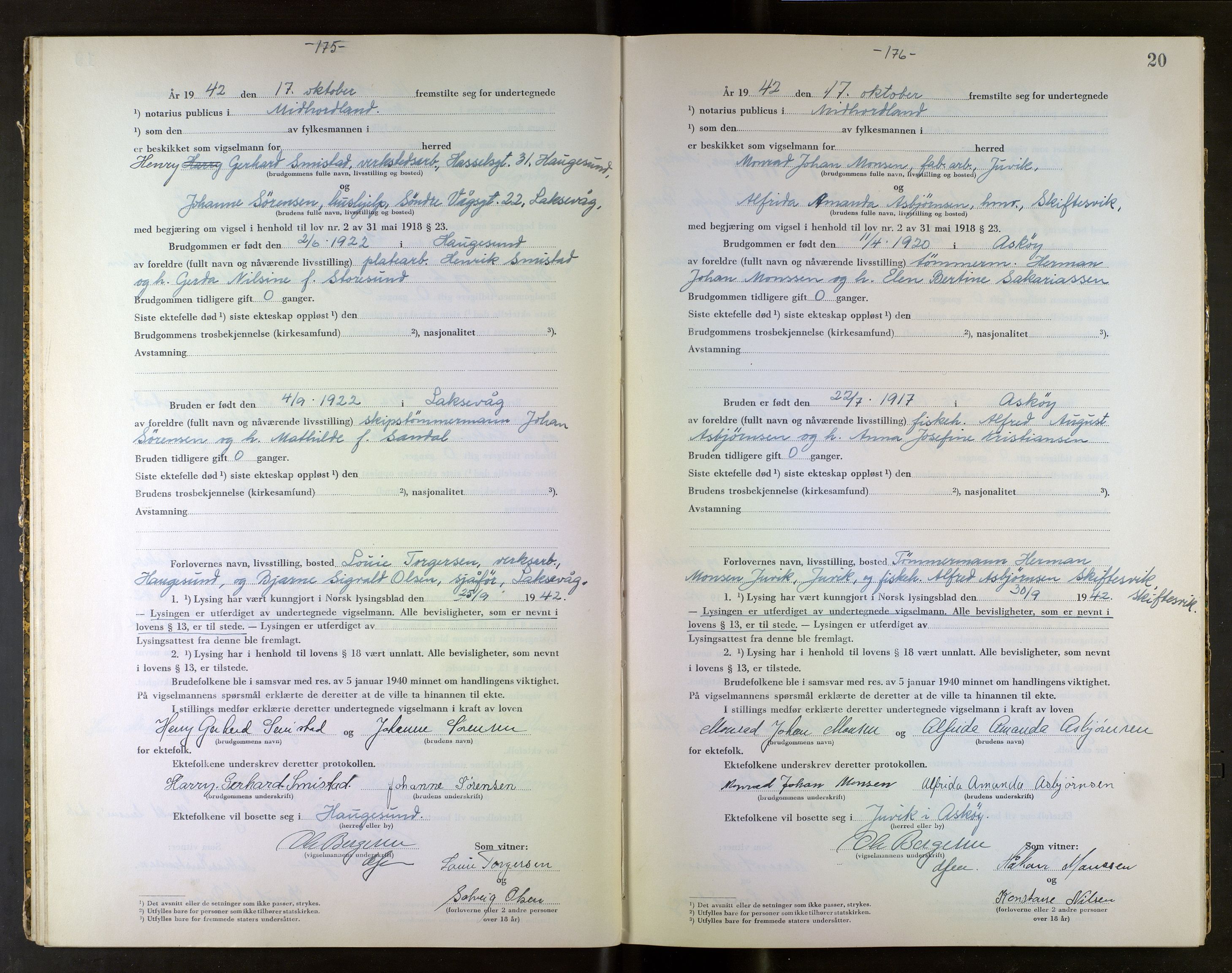 Midhordland sorenskriveri, AV/SAB-A-3001/1/M/Mc/Mca/L0003: Notarialbilag. Vigselbøker, 1942-1943, p. 20