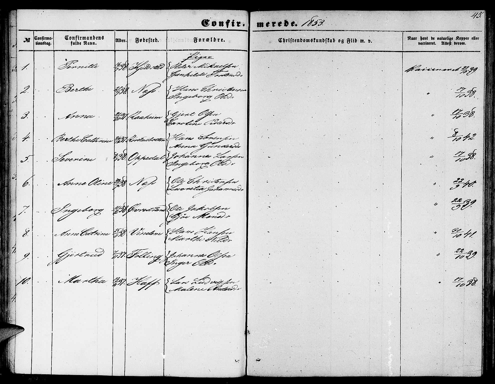 Gaular sokneprestembete, SAB/A-80001/H/Hab: Parish register (copy) no. C 1, 1853-1877, p. 45
