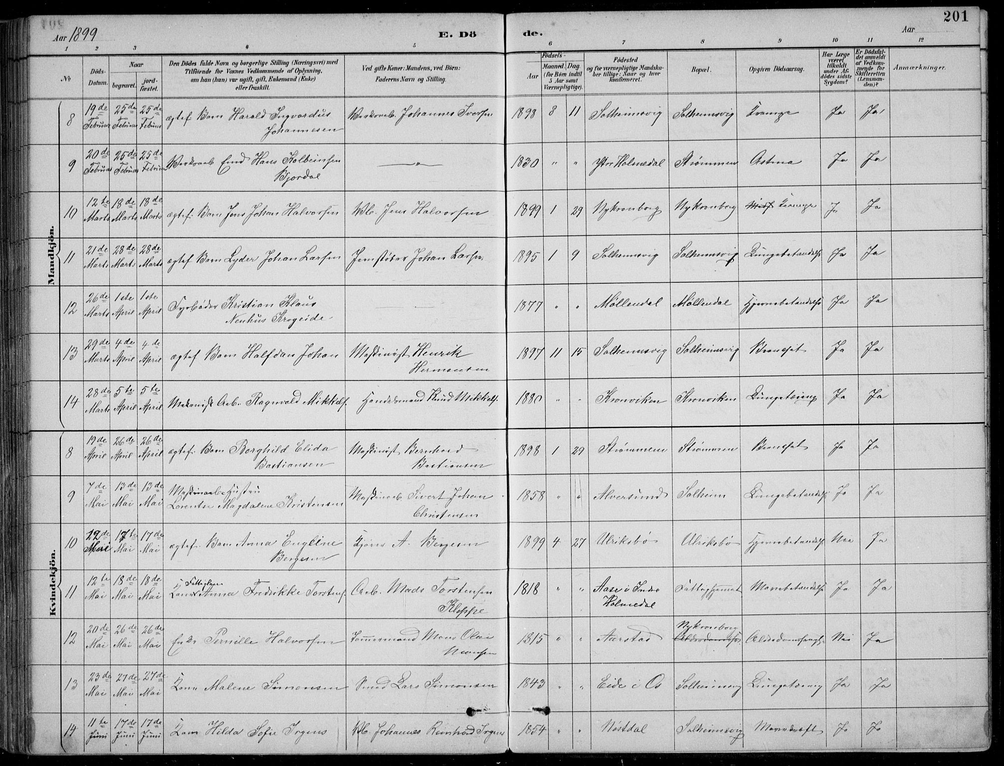 Årstad Sokneprestembete, AV/SAB-A-79301/H/Hab/L0011: Parish register (copy) no. B 1, 1886-1901, p. 201