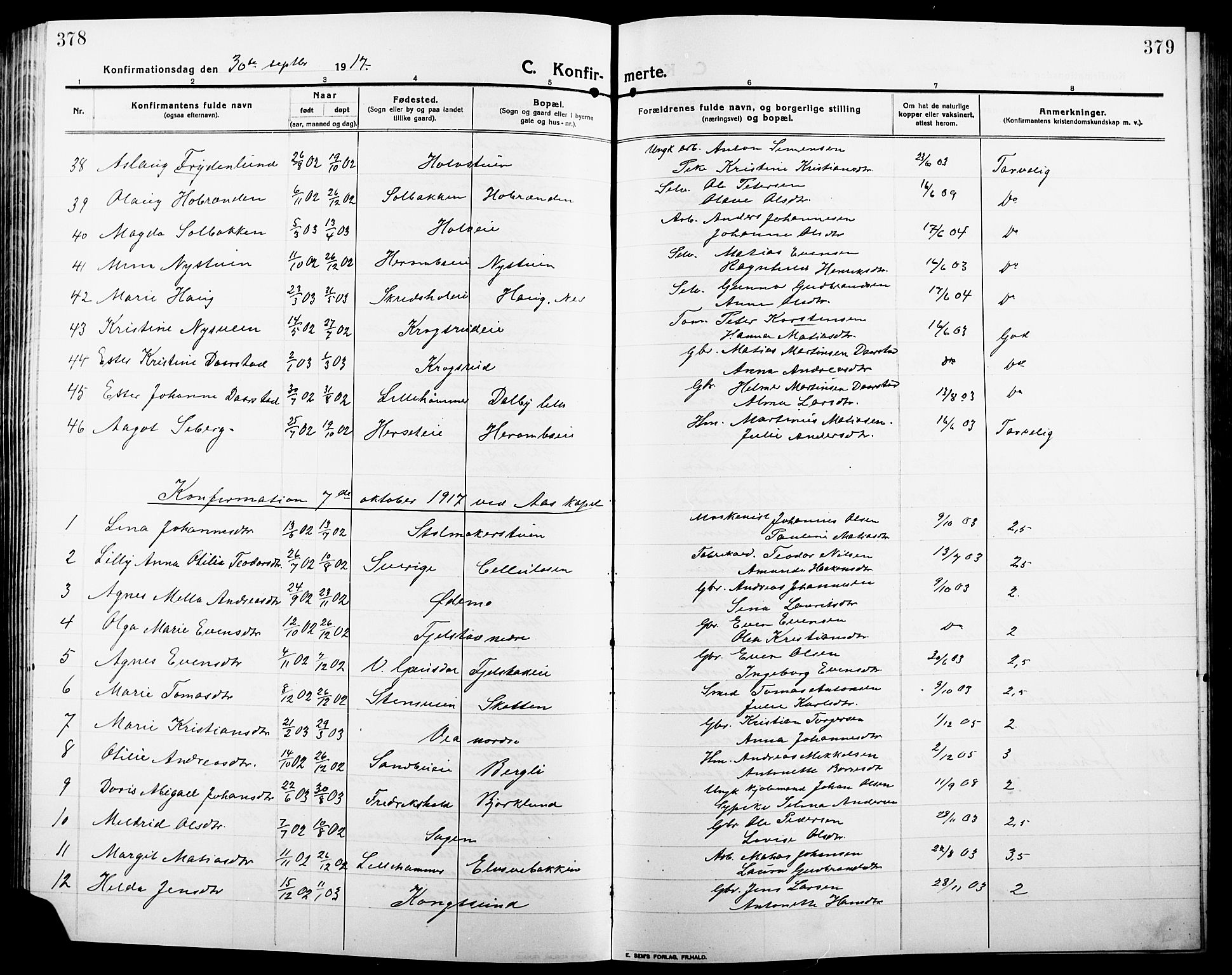 Ringsaker prestekontor, SAH/PREST-014/L/La/L0018: Parish register (copy) no. 18, 1913-1922, p. 378-379