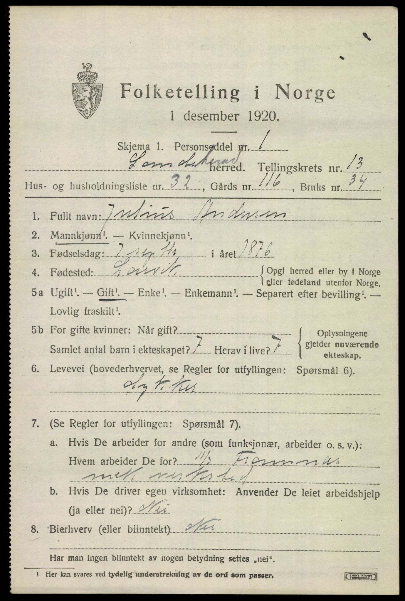 SAKO, 1920 census for Sandeherred, 1920, p. 19666