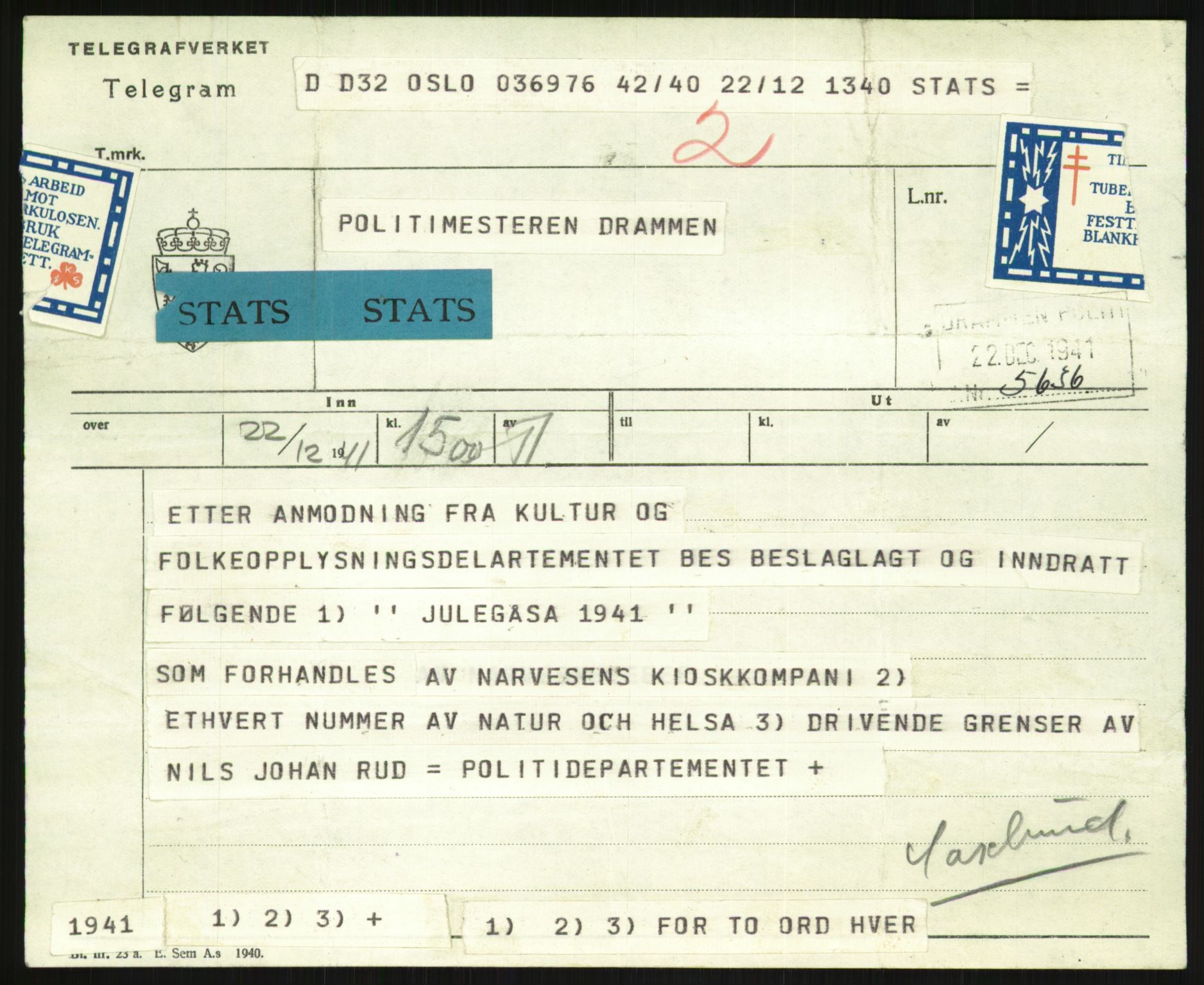 Statspolitiet - Hovedkontoret / Osloavdelingen, AV/RA-S-1329/F/L0091: Beslaglagt litteratur, 1941-1943, p. 43