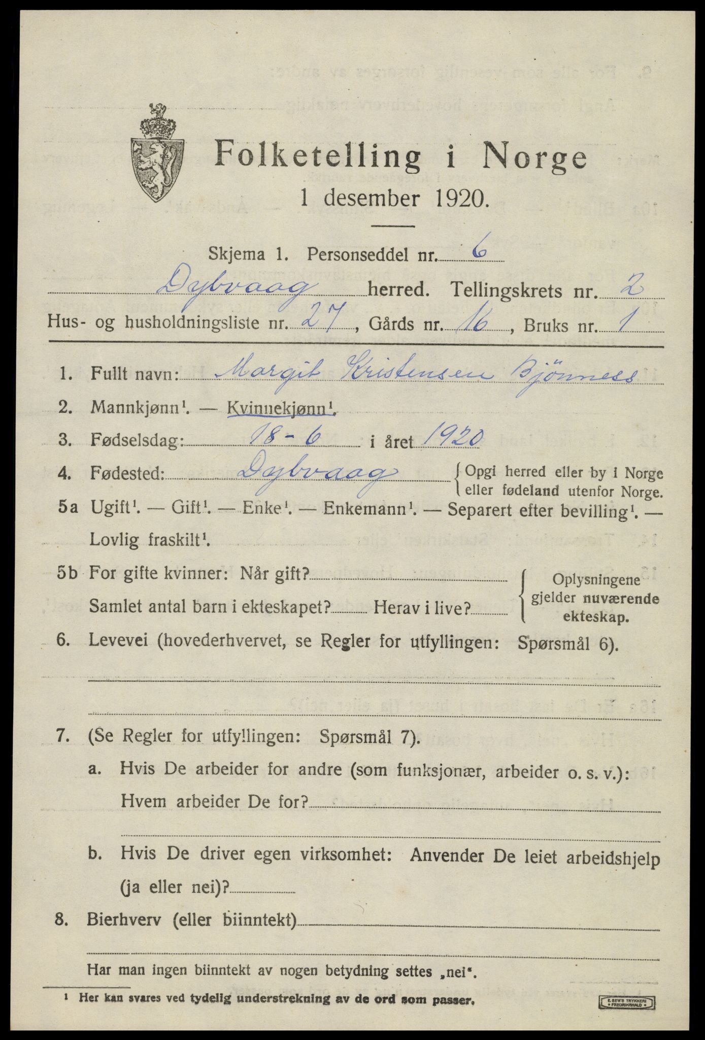 SAK, 1920 census for Dypvåg, 1920, p. 2289