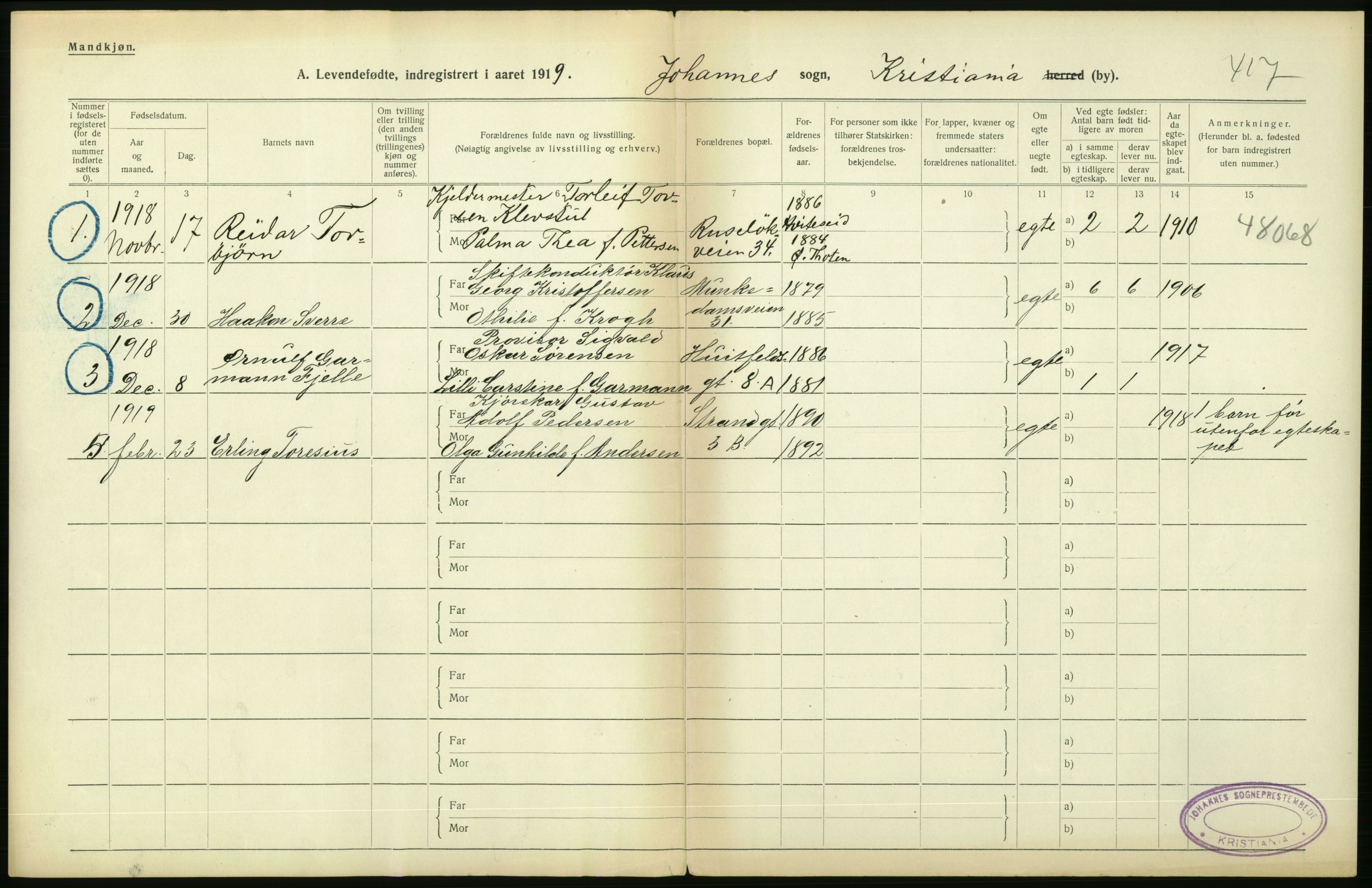 Statistisk sentralbyrå, Sosiodemografiske emner, Befolkning, AV/RA-S-2228/D/Df/Dfb/Dfbi/L0007: Kristiania: Levendefødte menn og kvinner., 1919, p. 274