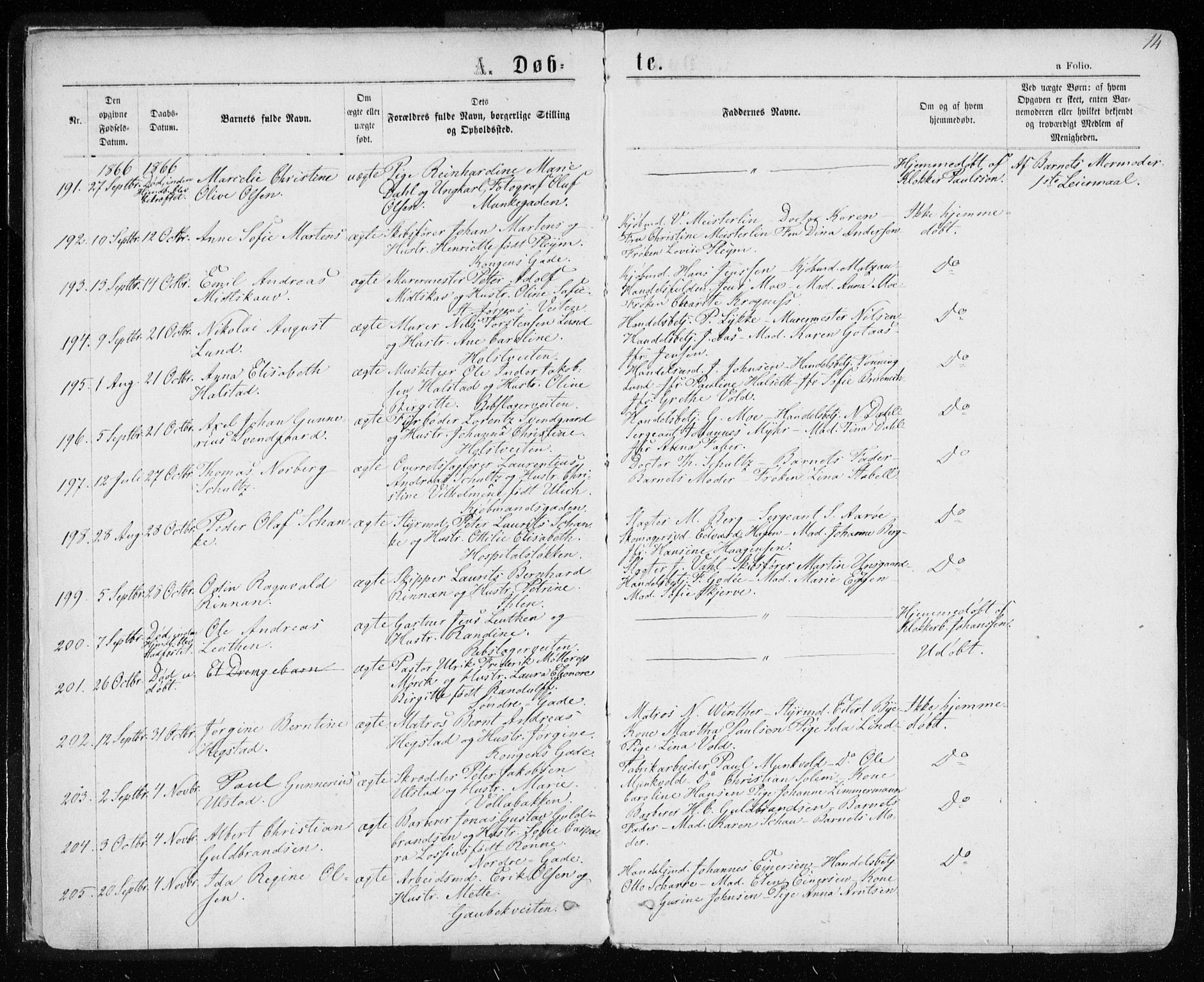 Ministerialprotokoller, klokkerbøker og fødselsregistre - Sør-Trøndelag, SAT/A-1456/601/L0054: Parish register (official) no. 601A22, 1866-1877, p. 14