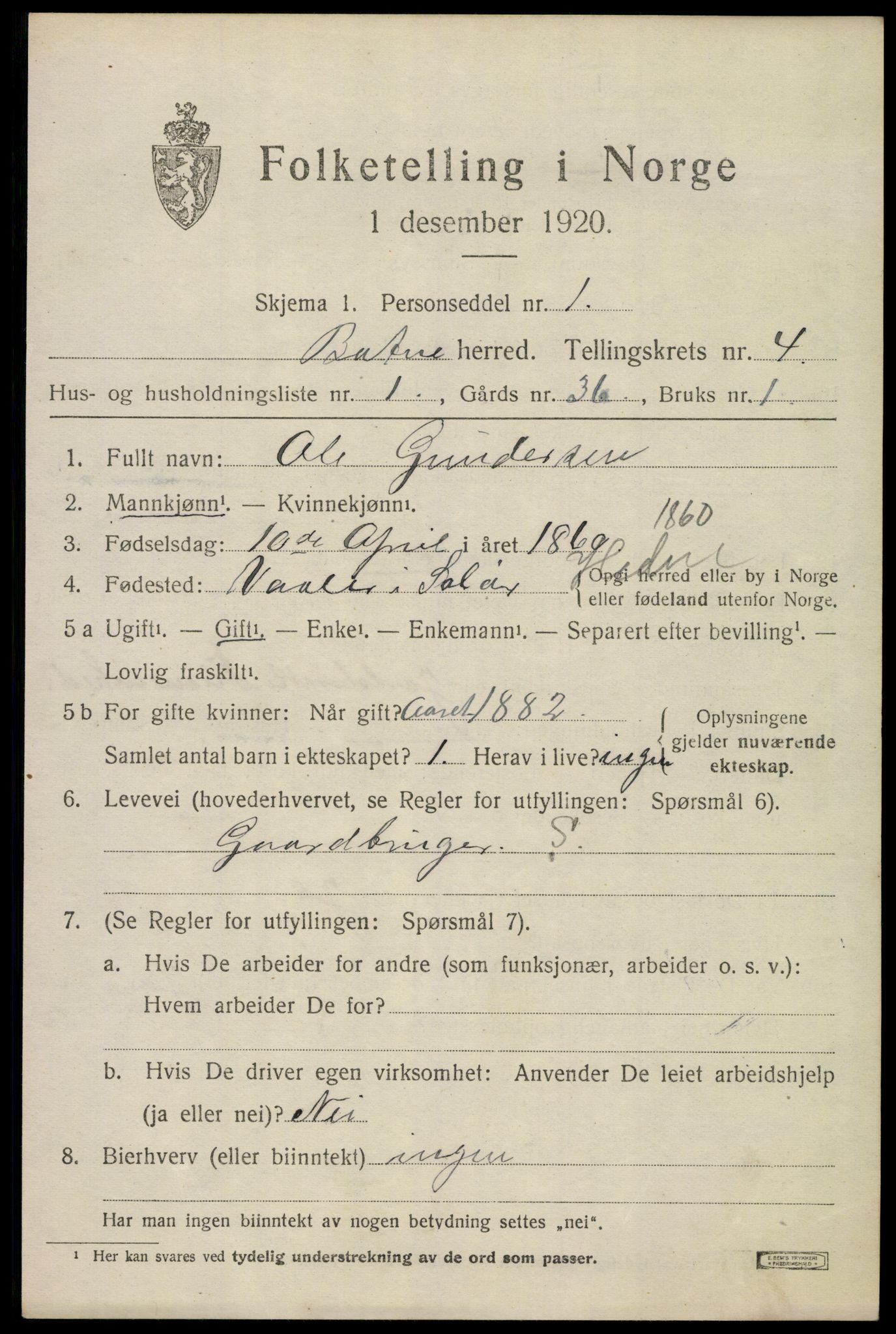 SAKO, 1920 census for Botne, 1920, p. 3585