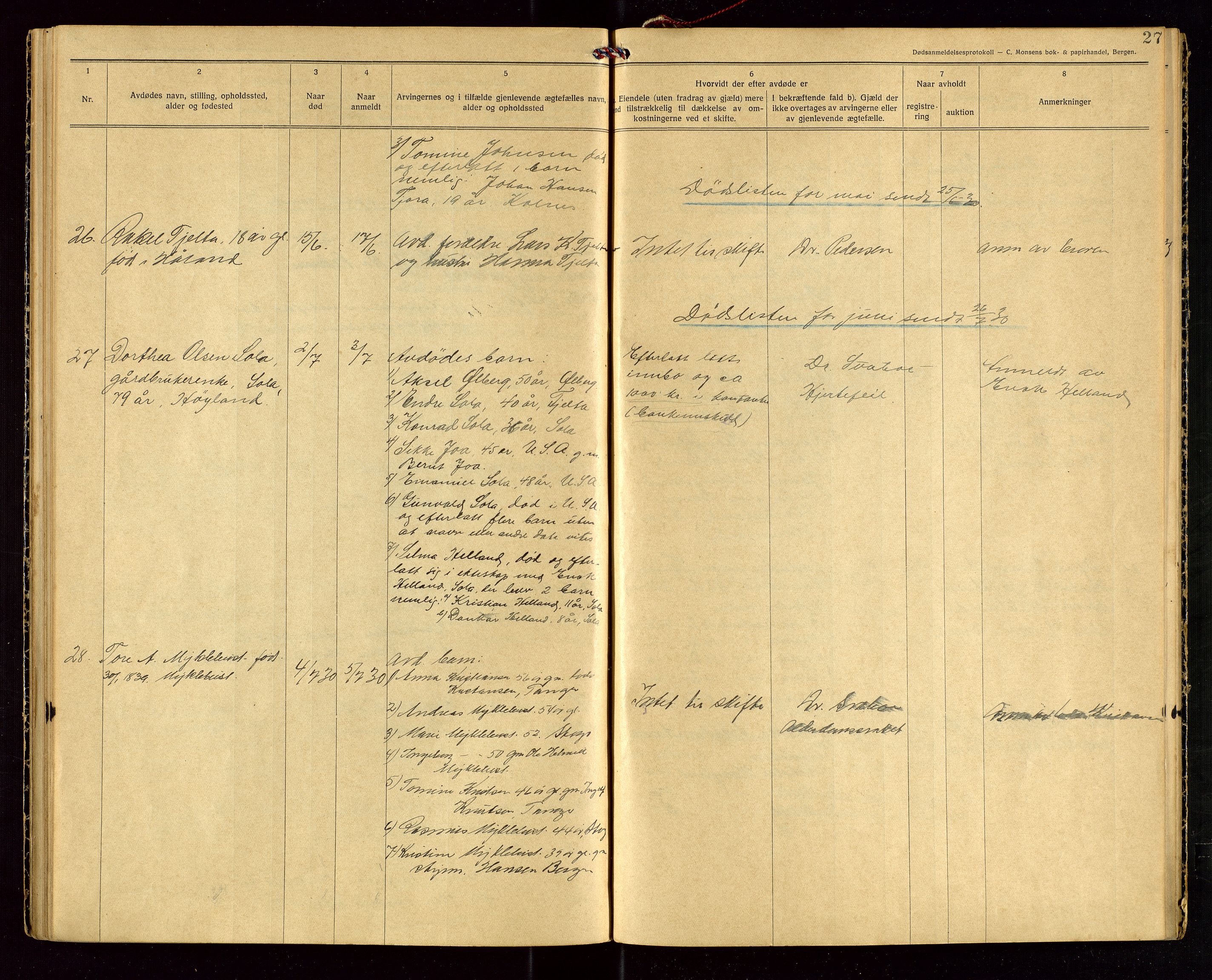 Håland lensmannskontor, SAST/A-100100/Gga/L0003: "Dødsanmeldelser 1926 - 1931 for Haaland", 1926-1931, p. 27