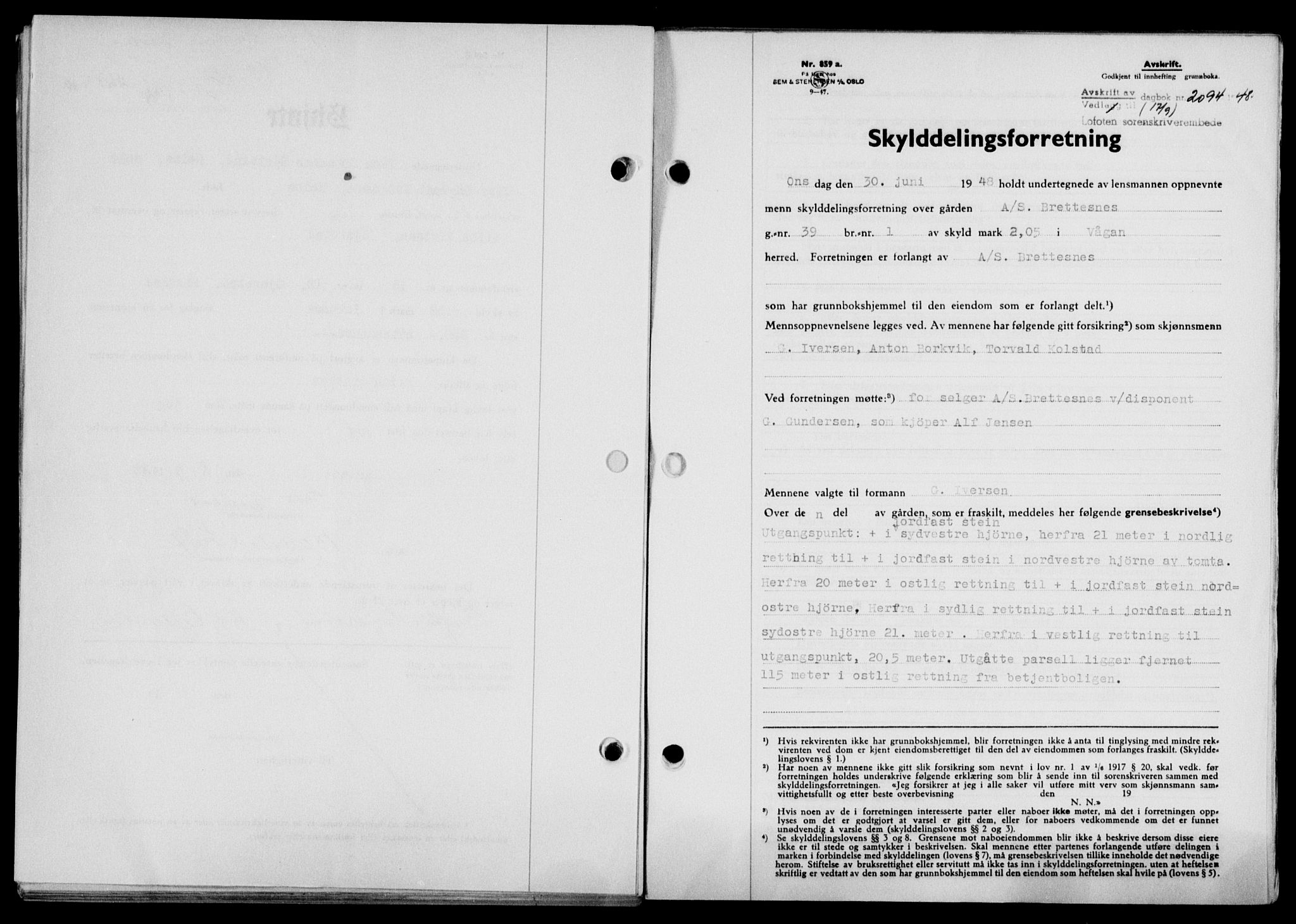 Lofoten sorenskriveri, SAT/A-0017/1/2/2C/L0019a: Mortgage book no. 19a, 1948-1948, Diary no: : 2094/1948