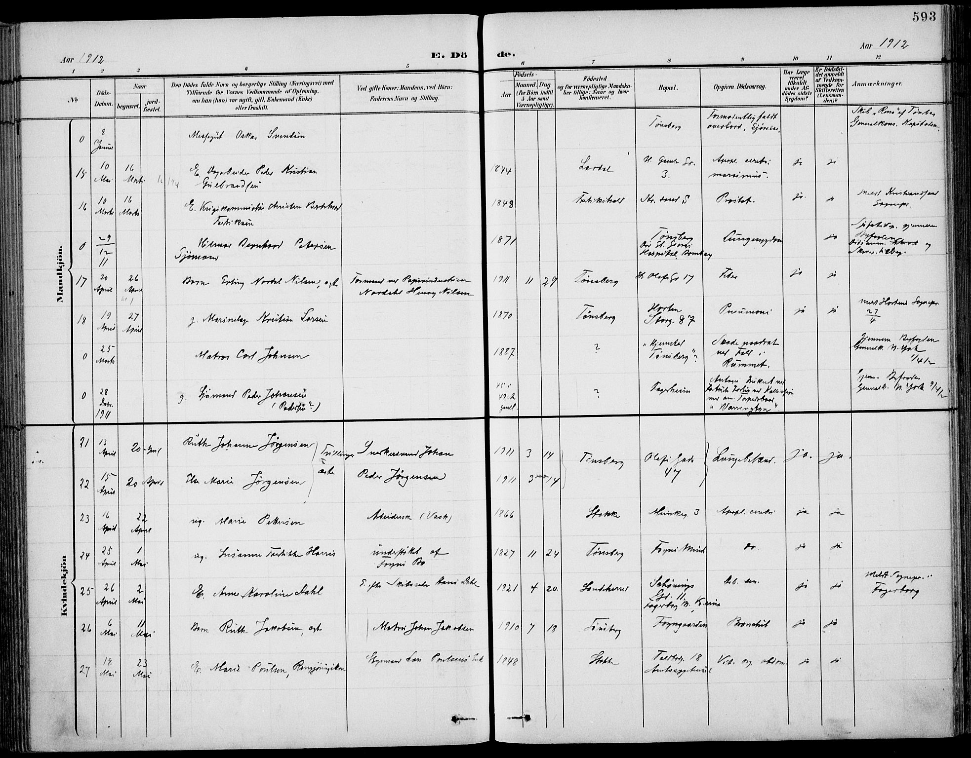 Tønsberg kirkebøker, AV/SAKO-A-330/F/Fa/L0013: Parish register (official) no. I 13, 1900-1913, p. 593