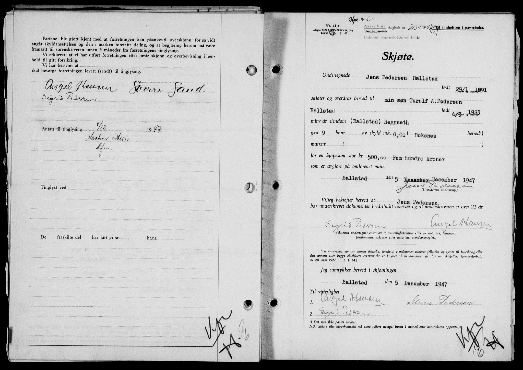 Lofoten sorenskriveri, SAT/A-0017/1/2/2C/L0017a: Mortgage book no. 17a, 1947-1948, Diary no: : 2134/1947