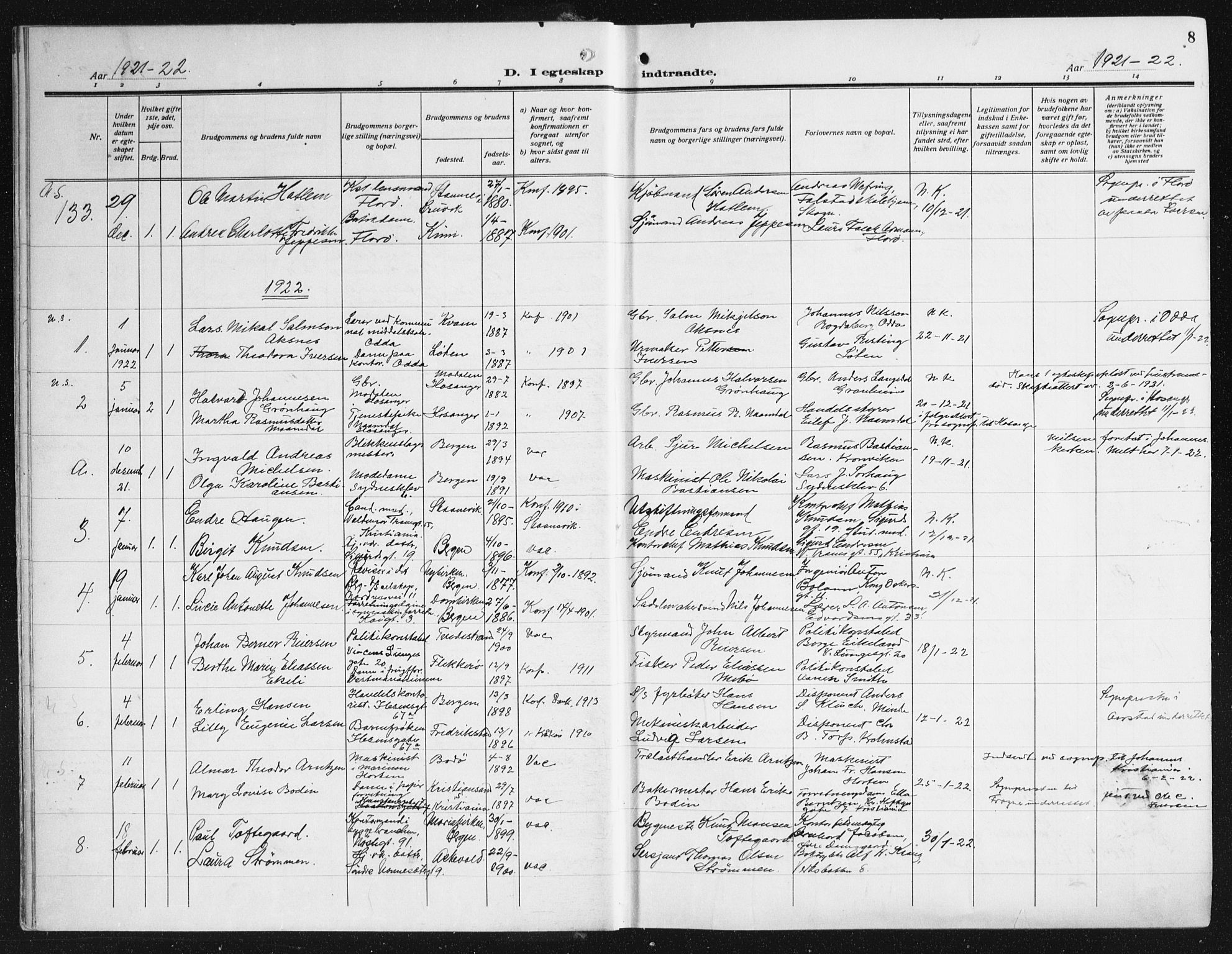 Domkirken sokneprestembete, AV/SAB-A-74801/H/Haa/L0039: Parish register (official) no. D 6, 1921-1937, p. 8