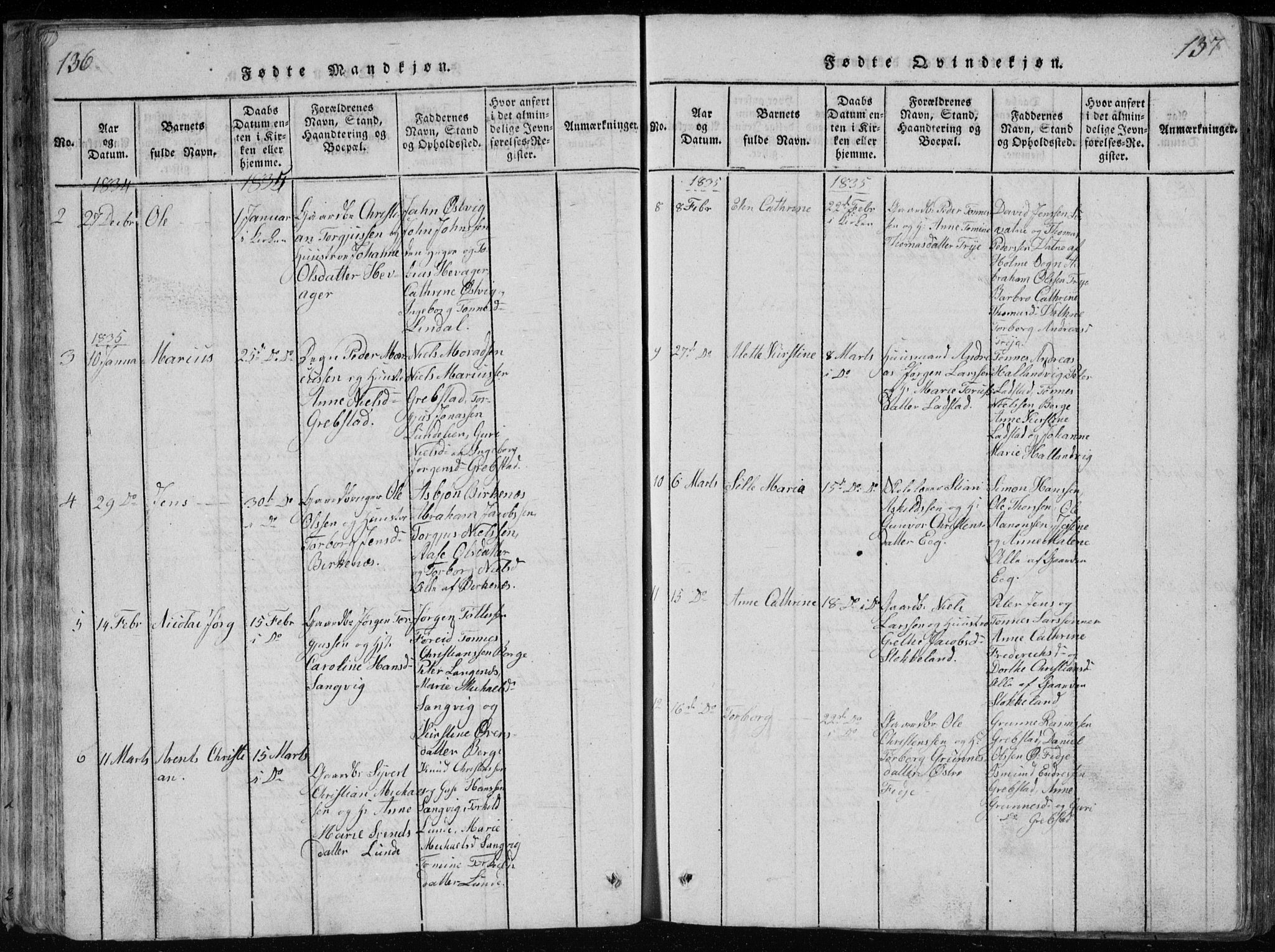 Søgne sokneprestkontor, SAK/1111-0037/F/Fb/Fbb/L0002: Parish register (copy) no. B 2, 1821-1838, p. 136-137