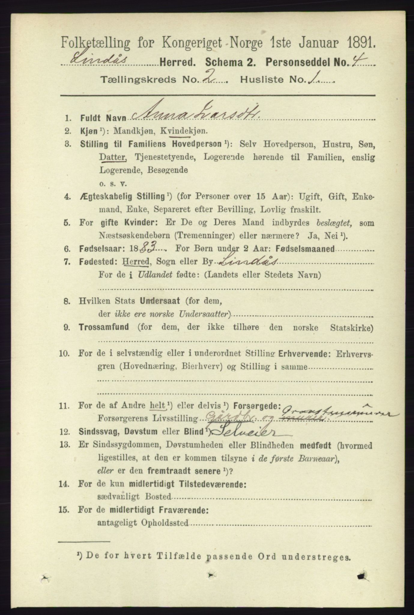 RA, 1891 census for 1263 Lindås, 1891, p. 432