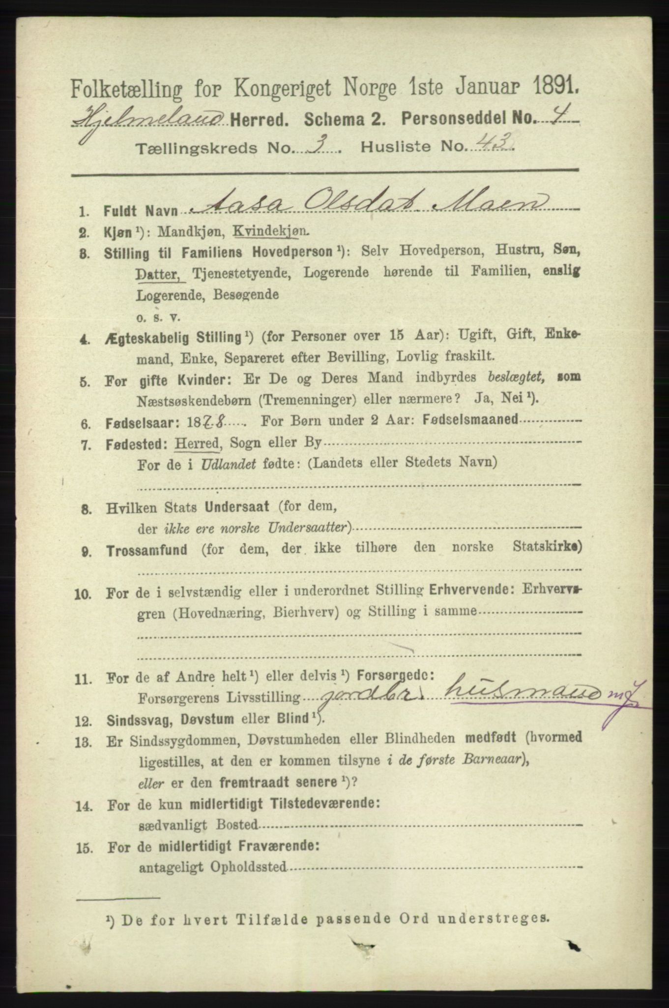 RA, 1891 census for 1133 Hjelmeland, 1891, p. 979