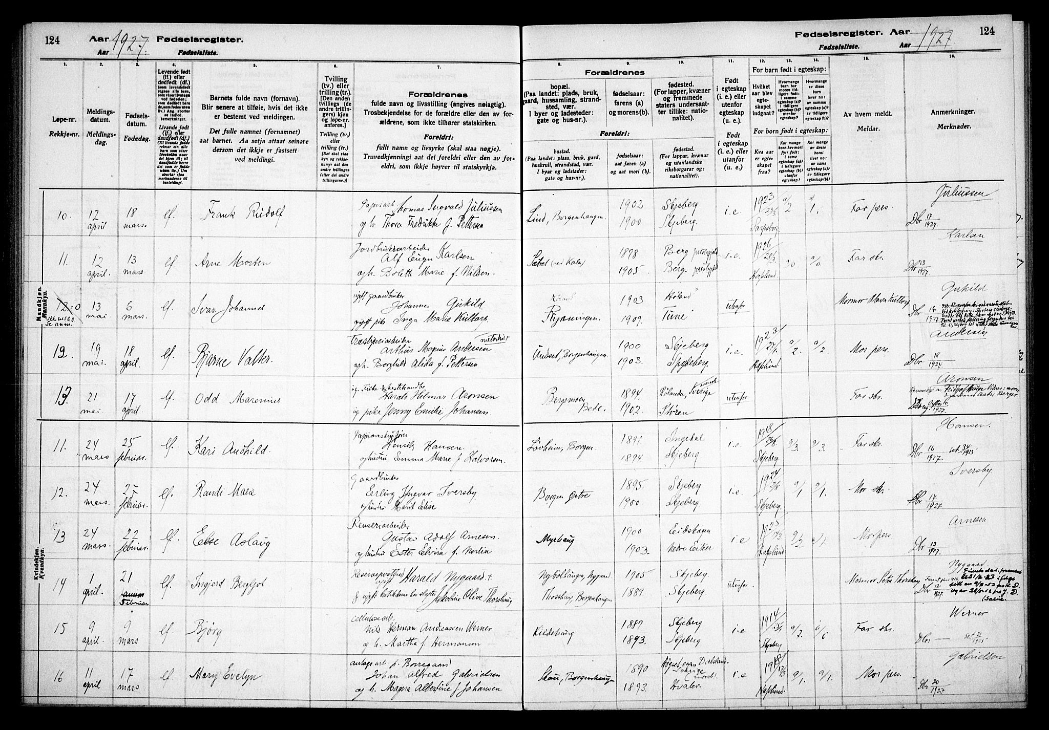 Skjeberg prestekontor Kirkebøker, SAO/A-10923/J/Jd/L0001: Birth register no. IV 1, 1916-1935, p. 124