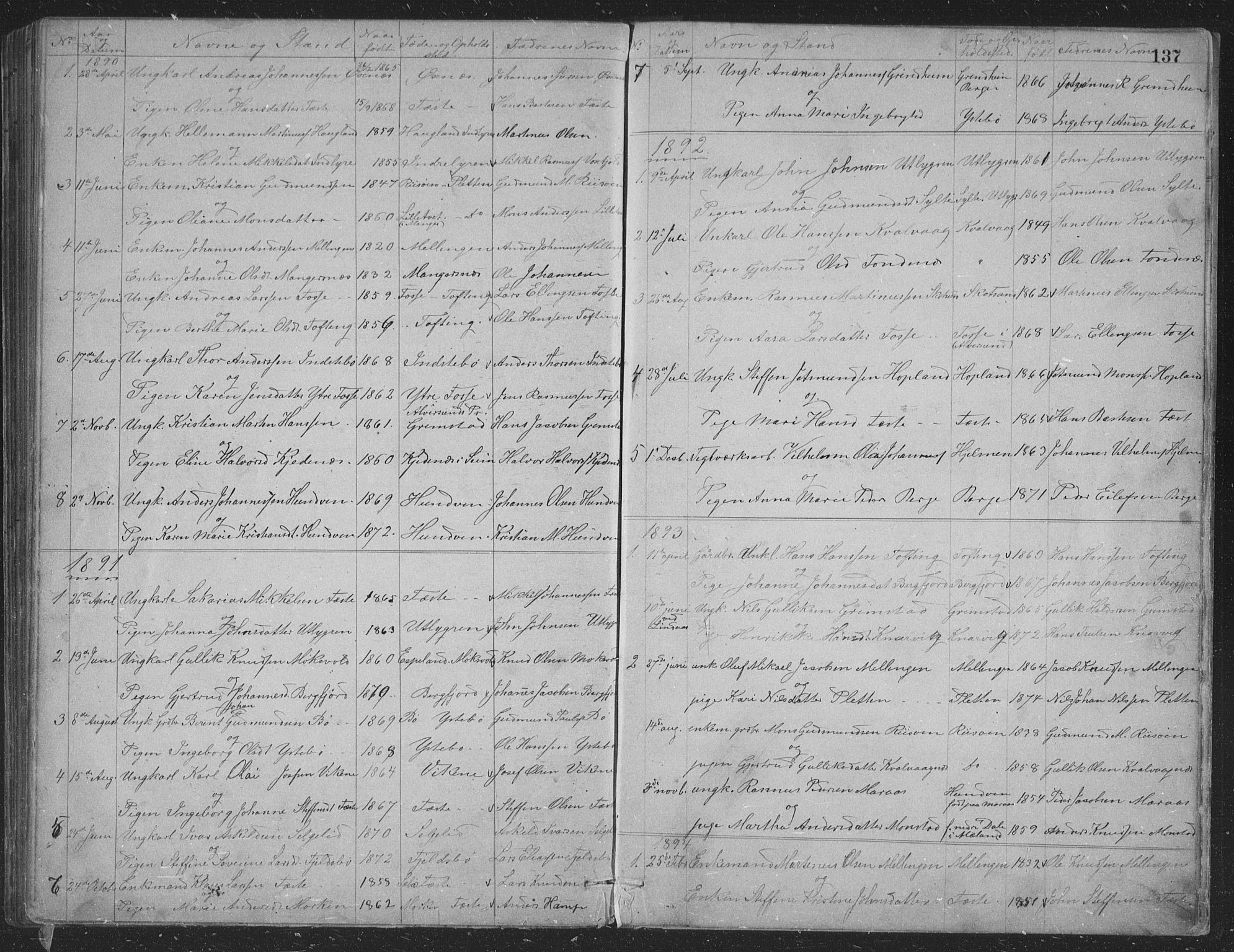 Alversund Sokneprestembete, SAB/A-73901/H/Ha/Hab: Parish register (copy) no. B 3, 1881-1896, p. 137
