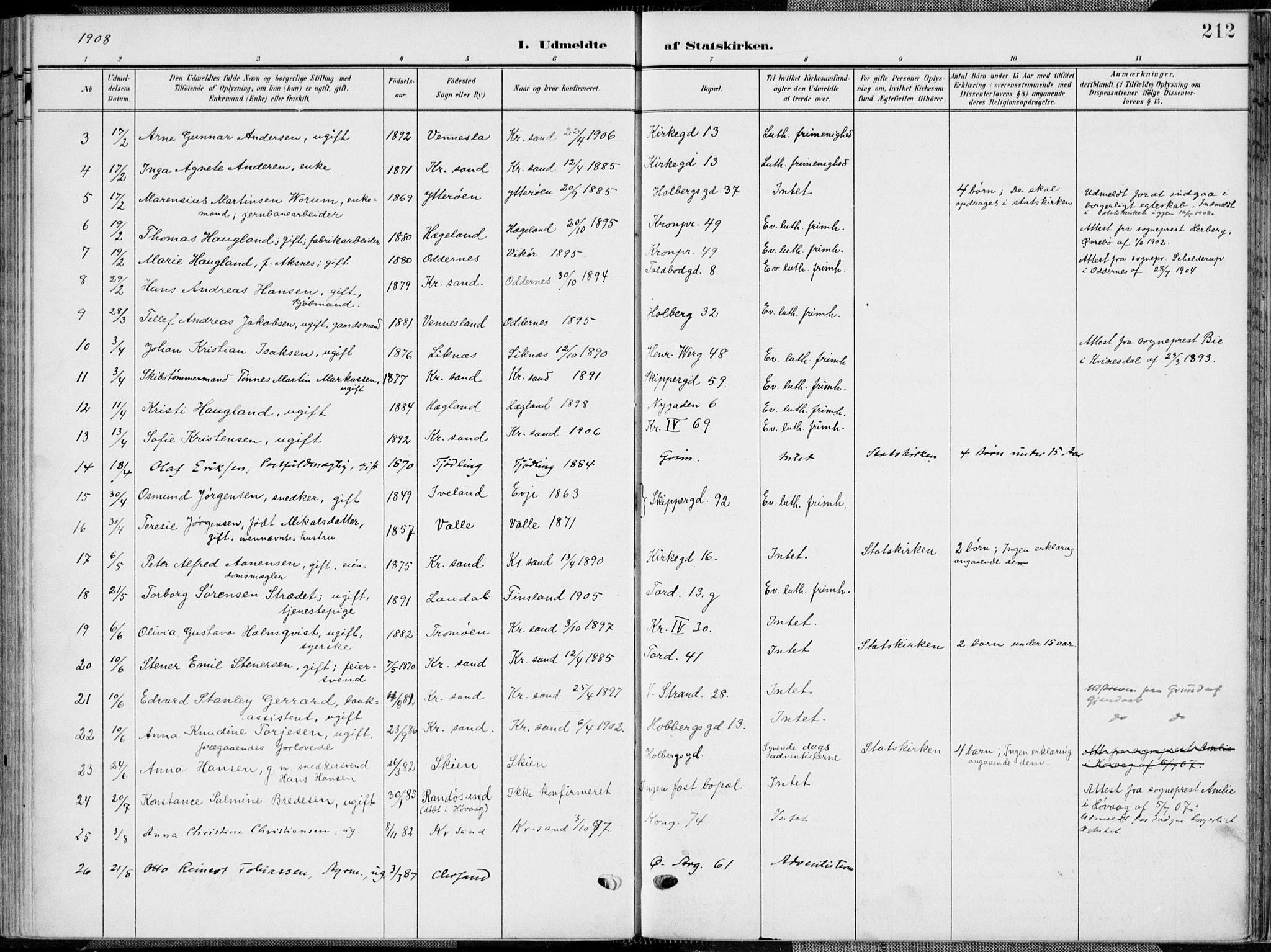 Kristiansand domprosti, SAK/1112-0006/F/Fa/L0022: Parish register (official) no. A 21, 1905-1916, p. 212