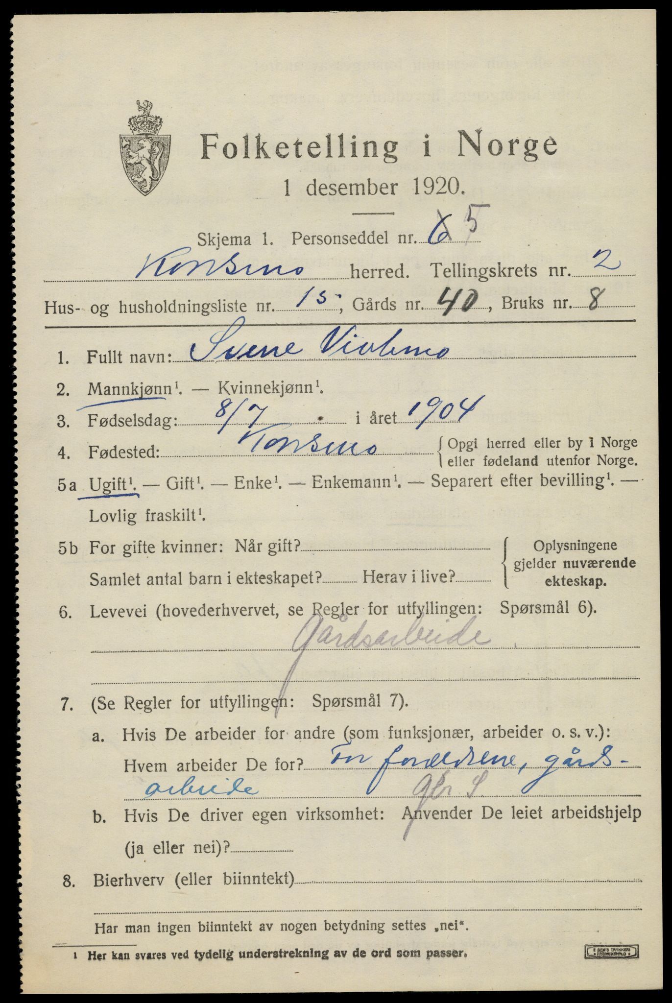 SAK, 1920 census for Konsmo, 1920, p. 1126