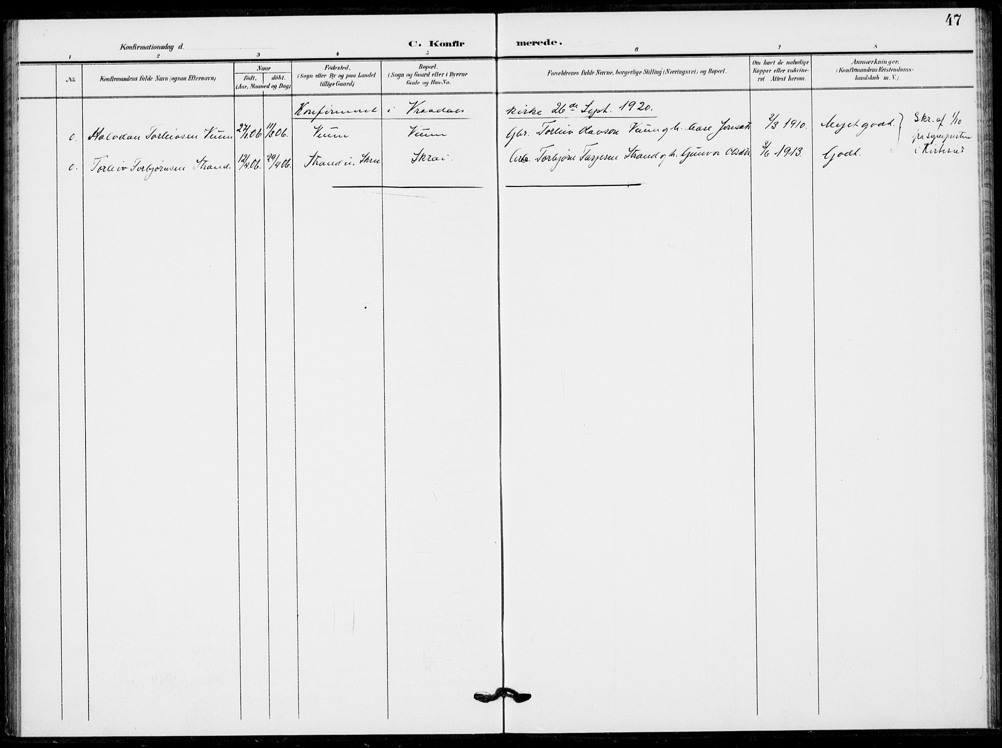 Fyresdal kirkebøker, AV/SAKO-A-263/F/Fb/L0004: Parish register (official) no. II 4, 1903-1920, p. 47