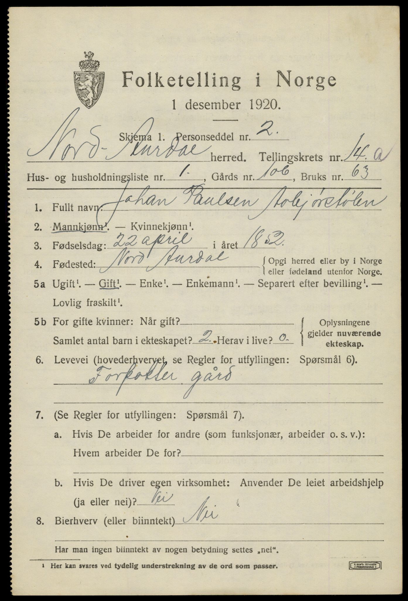 SAH, 1920 census for Nord-Aurdal, 1920, p. 10986