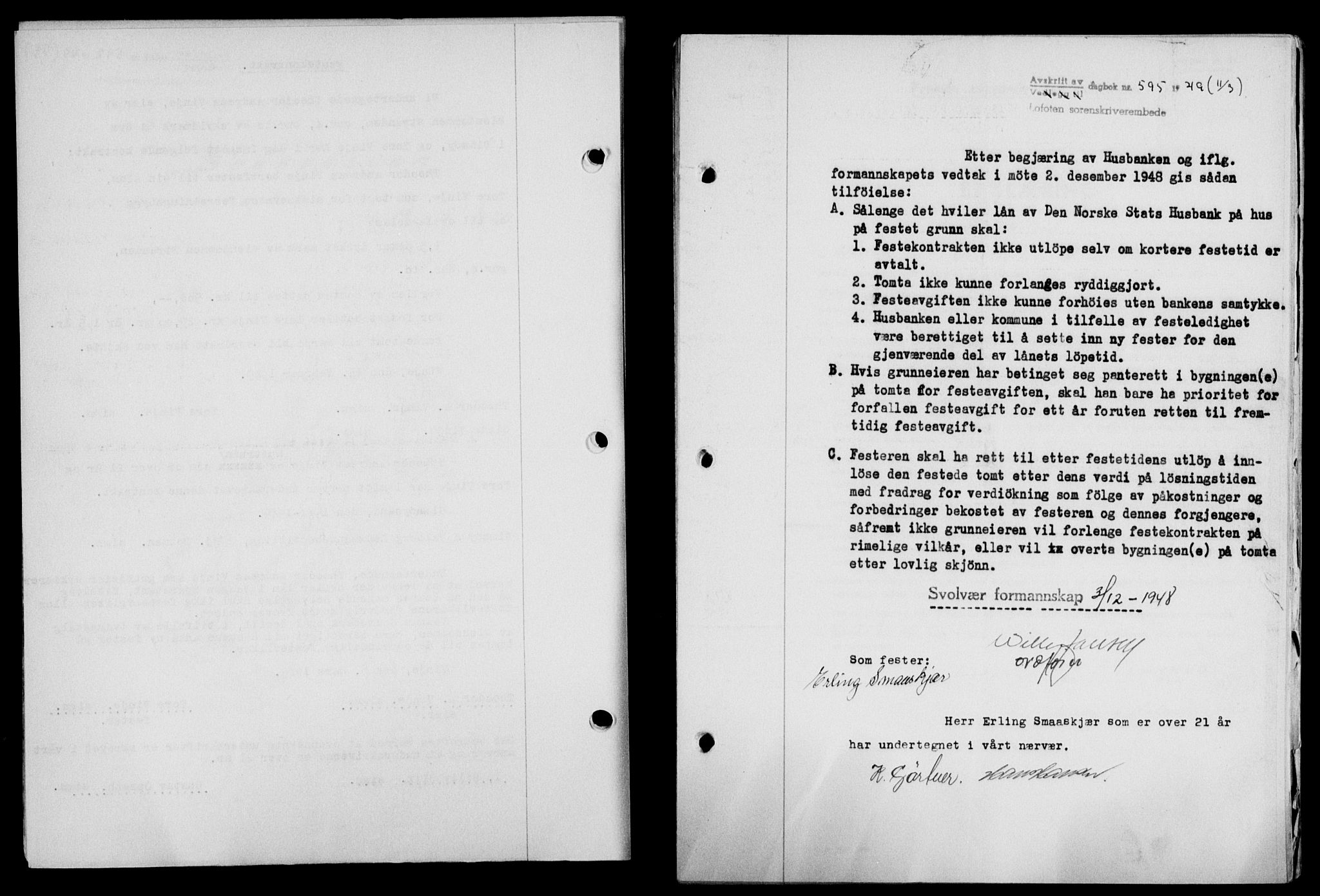 Lofoten sorenskriveri, SAT/A-0017/1/2/2C/L0020a: Mortgage book no. 20a, 1948-1949, Diary no: : 595/1949