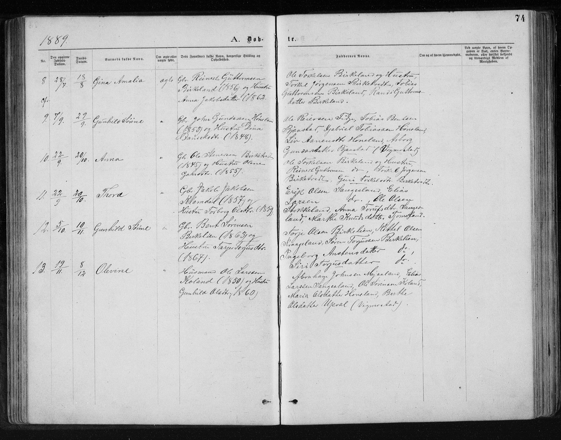 Holum sokneprestkontor, SAK/1111-0022/F/Fb/Fbb/L0003: Parish register (copy) no. B 3, 1875-1898, p. 74