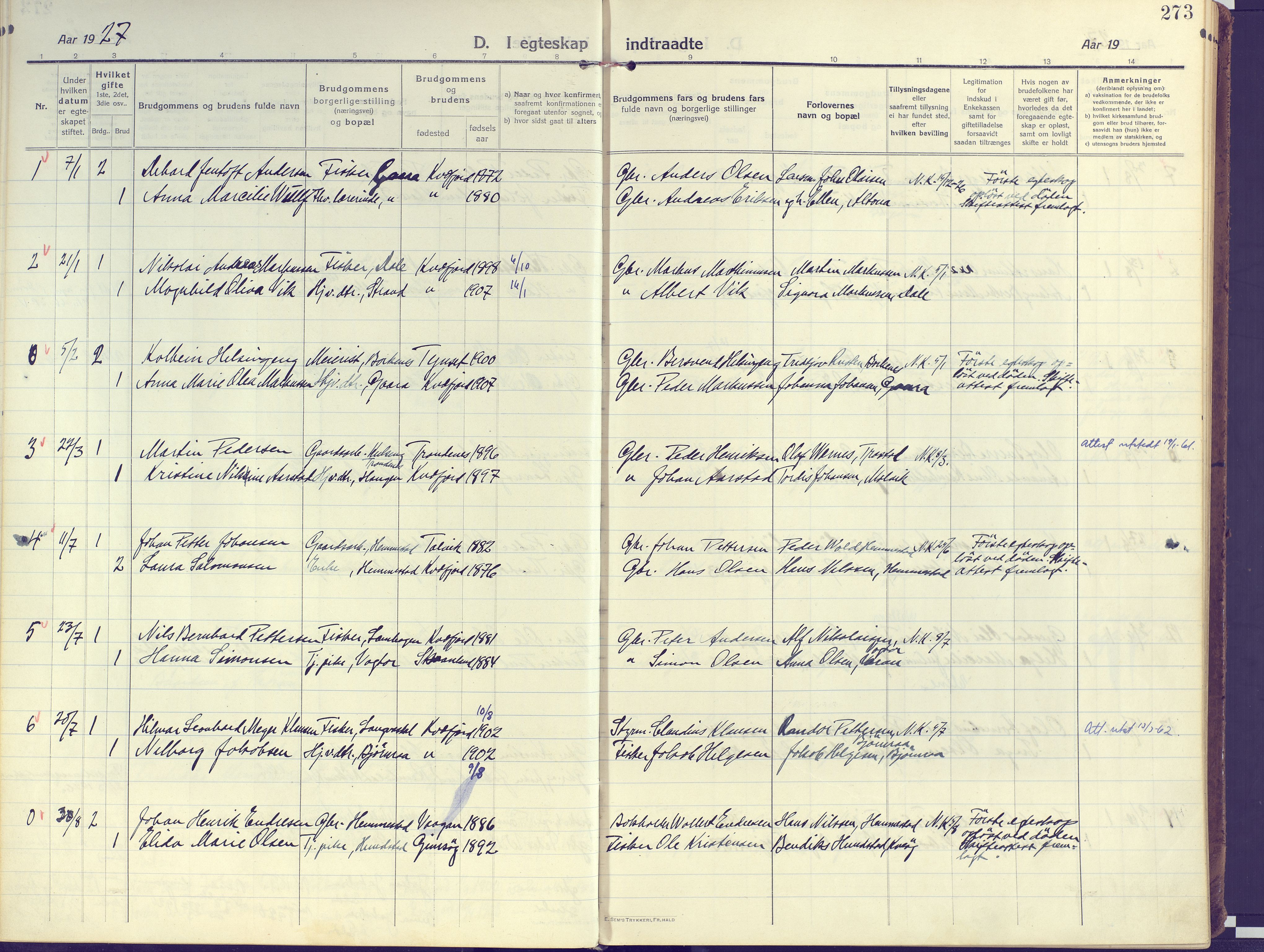 Kvæfjord sokneprestkontor, SATØ/S-1323/G/Ga/Gaa/L0007kirke: Parish register (official) no. 7, 1915-1931, p. 273
