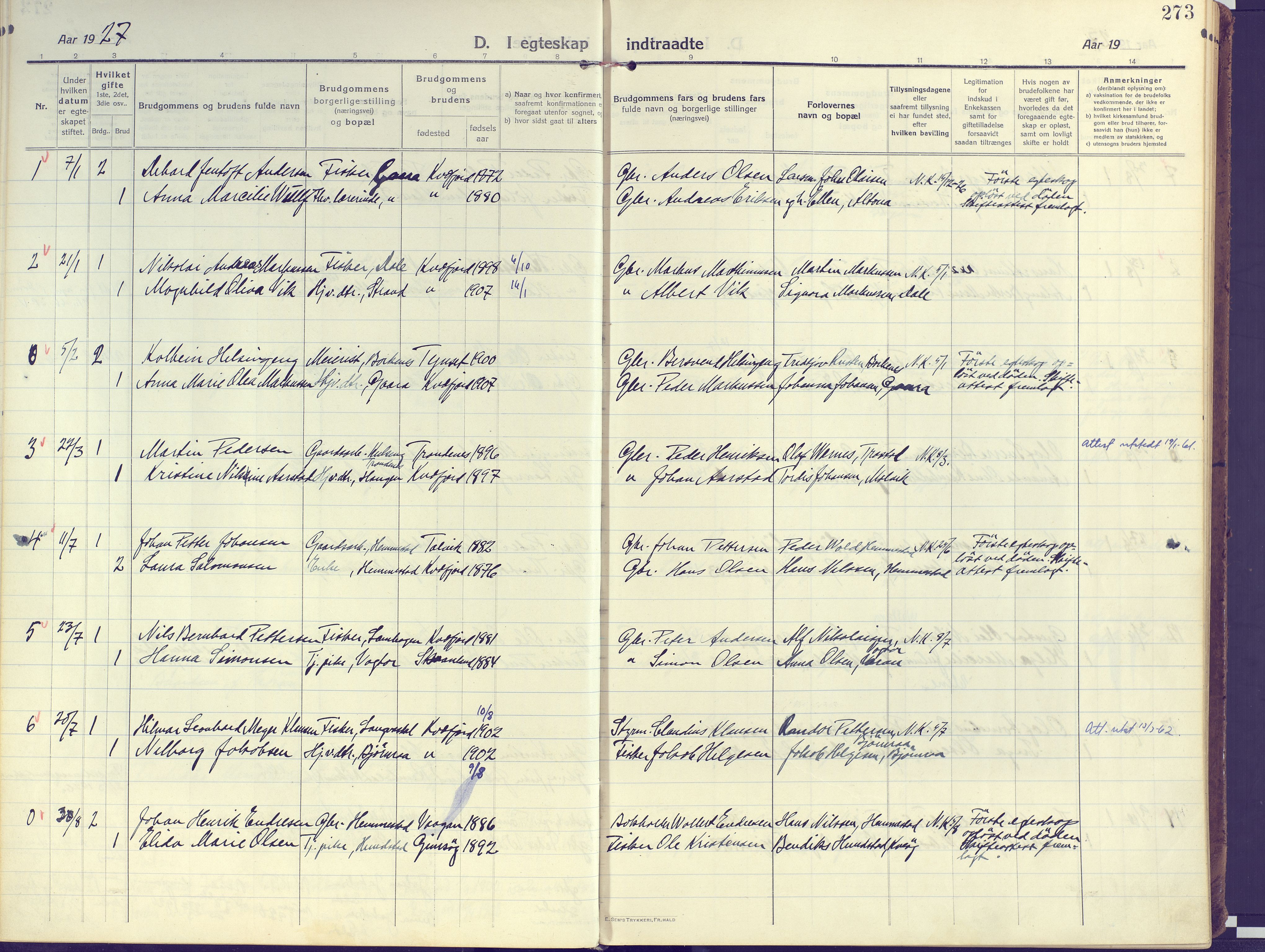 Kvæfjord sokneprestkontor, AV/SATØ-S-1323/G/Ga/Gaa/L0007kirke: Parish register (official) no. 7, 1915-1931, p. 273