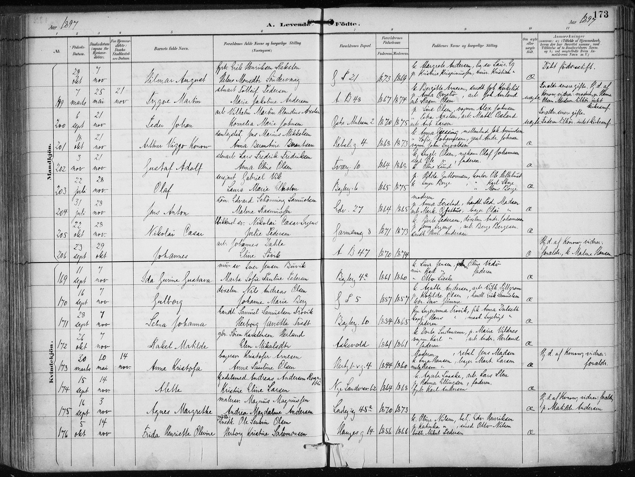 Sandviken Sokneprestembete, AV/SAB-A-77601/H/Ha/L0005: Parish register (official) no. B 2, 1891-1901, p. 173