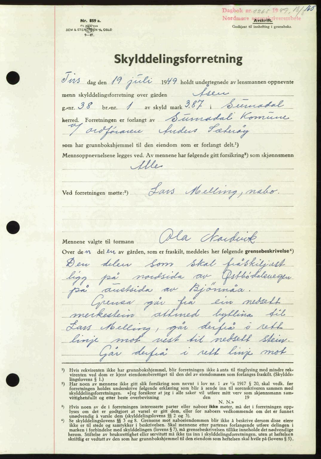 Nordmøre sorenskriveri, AV/SAT-A-4132/1/2/2Ca: Mortgage book no. A112, 1949-1949, Diary no: : 2265/1949