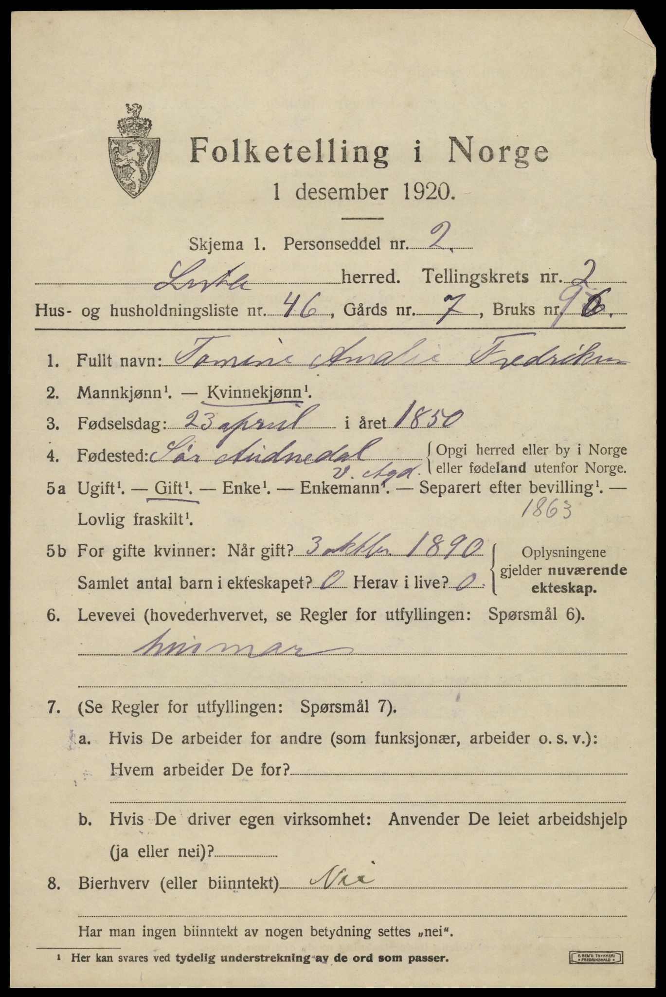 SAK, 1920 census for Lista, 1920, p. 3933