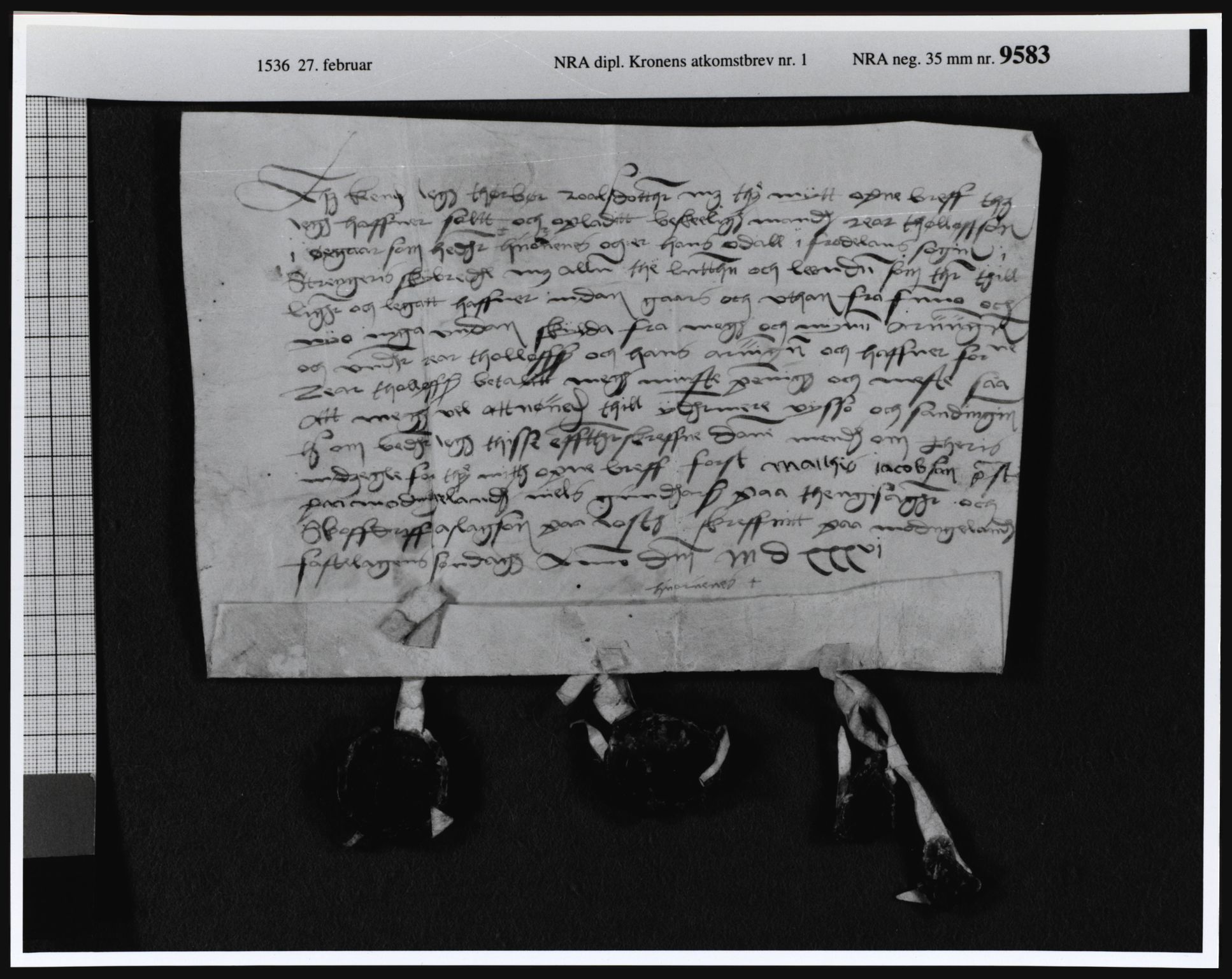 Riksarkivets diplomsamling, AV/RA-EA-5965/F07/F07i/L0001: Dokument nr. 1-7, 1536-1575, p. 1
