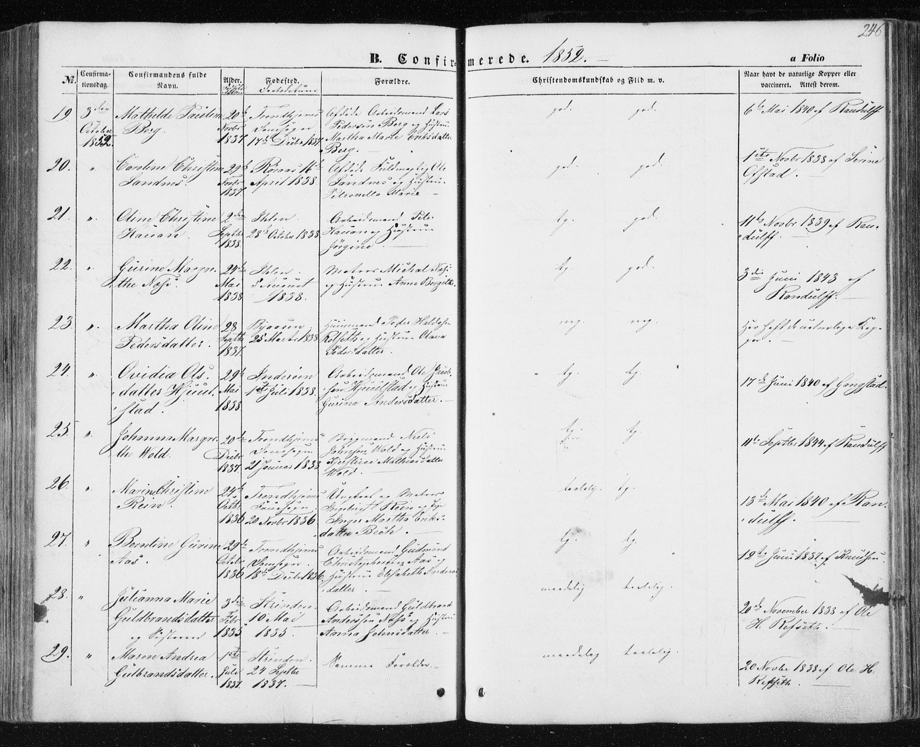 Ministerialprotokoller, klokkerbøker og fødselsregistre - Sør-Trøndelag, SAT/A-1456/602/L0112: Parish register (official) no. 602A10, 1848-1859, p. 246