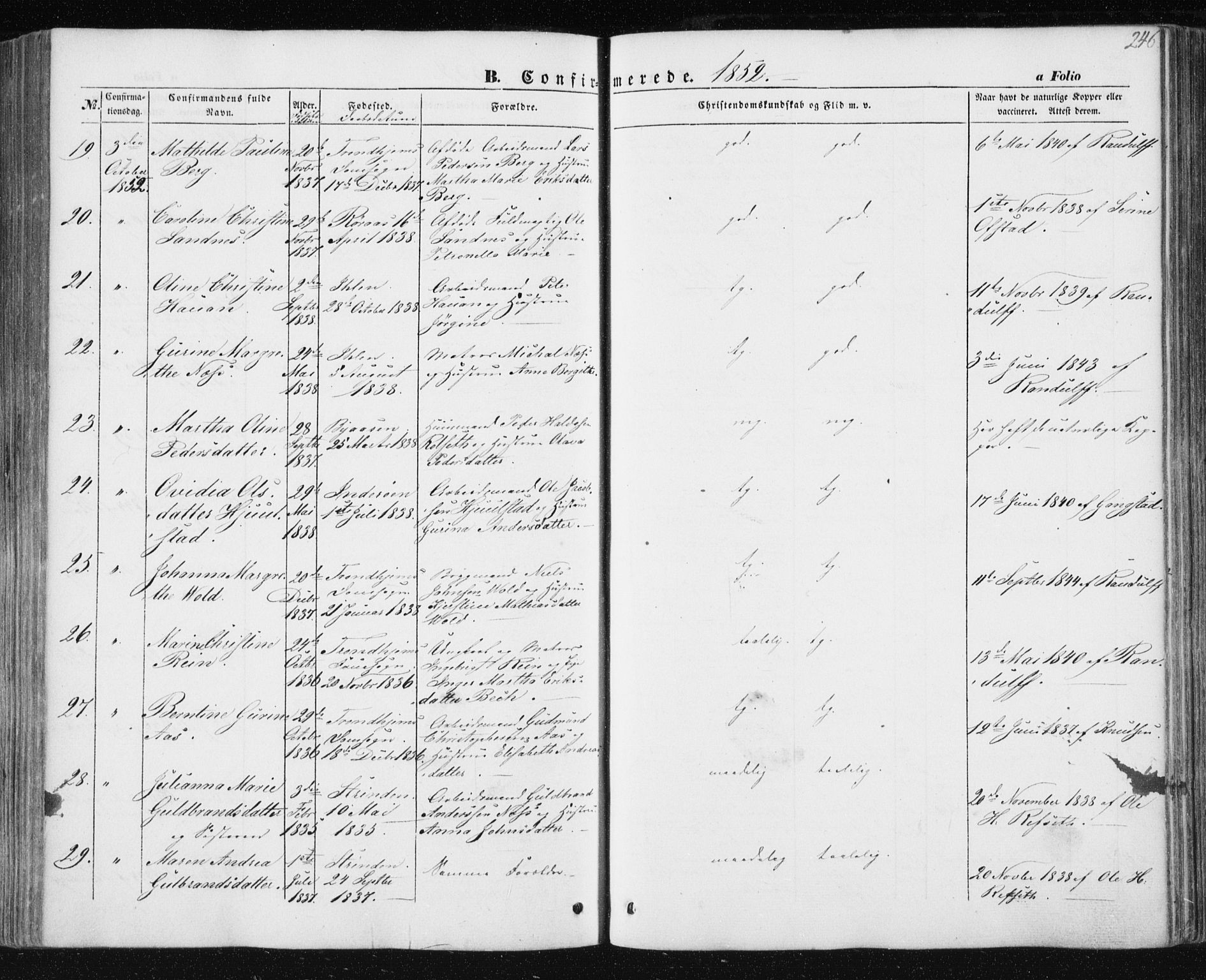 Ministerialprotokoller, klokkerbøker og fødselsregistre - Sør-Trøndelag, AV/SAT-A-1456/602/L0112: Parish register (official) no. 602A10, 1848-1859, p. 246