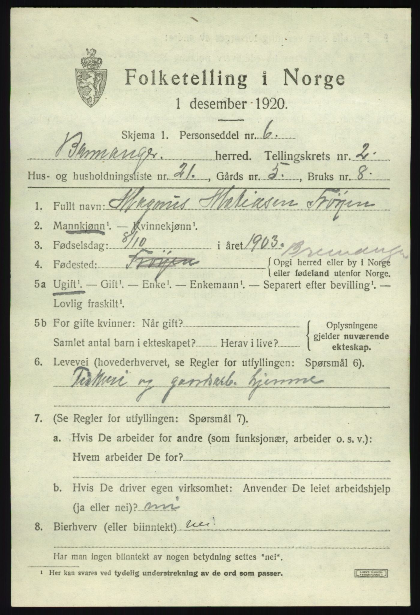 SAB, 1920 census for Bremanger, 1920, p. 2016