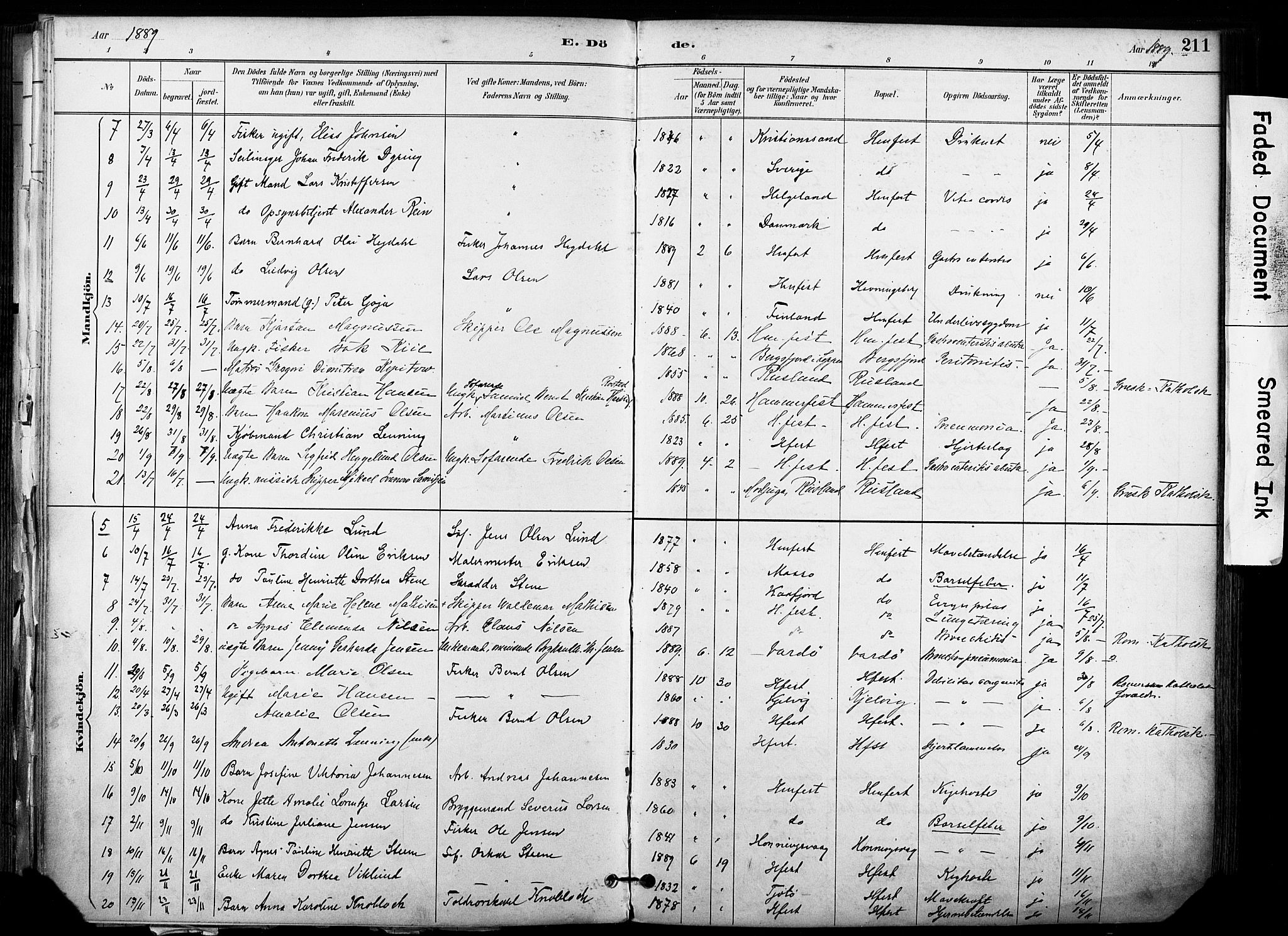 Hammerfest sokneprestkontor, AV/SATØ-S-1347/H/Ha/L0009.kirke: Parish register (official) no. 9, 1889-1897, p. 211