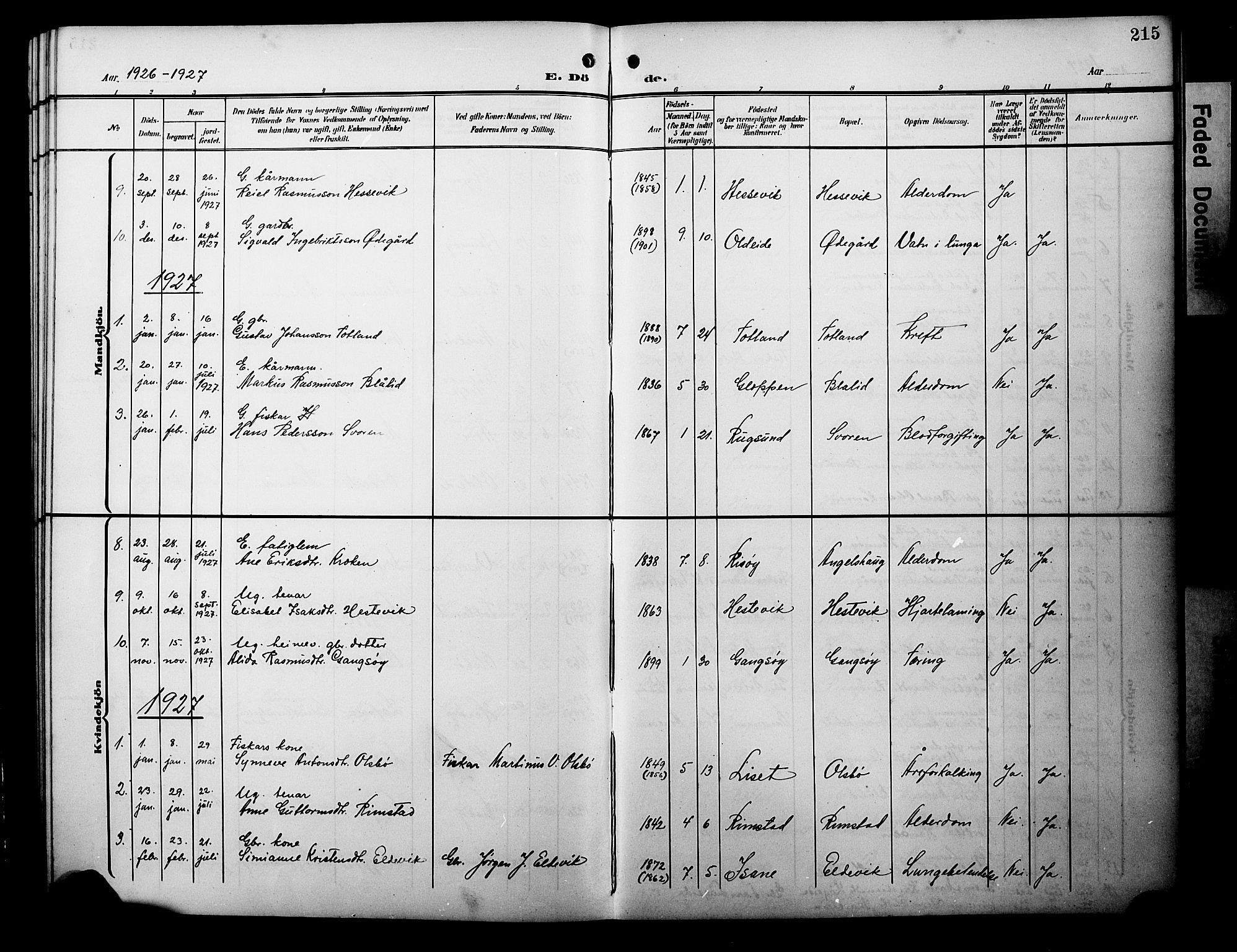 Davik sokneprestembete, AV/SAB-A-79701/H/Hab/Habc/L0003: Parish register (copy) no. C 3, 1907-1929, p. 215