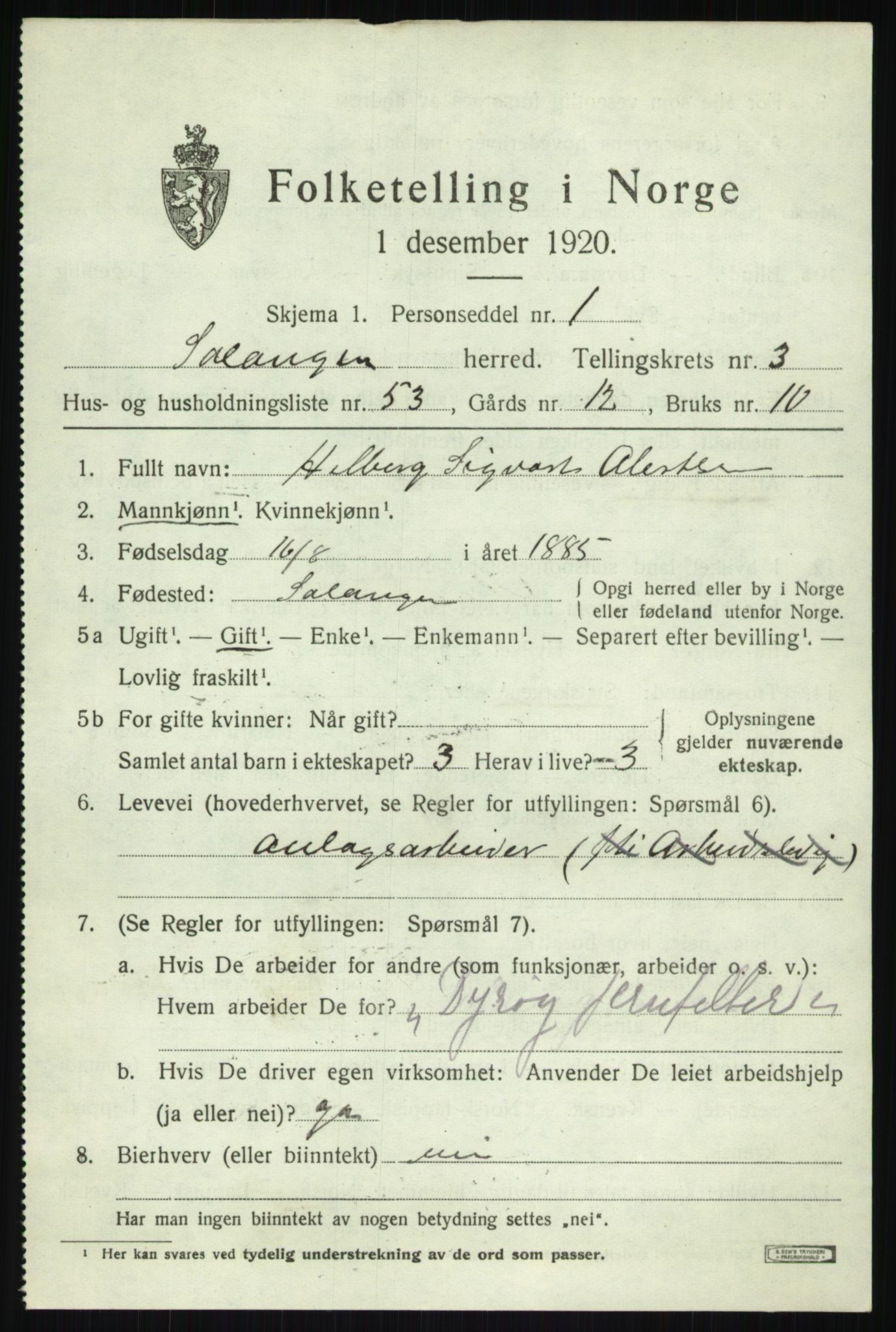 SATØ, 1920 census for Salangen, 1920, p. 2268