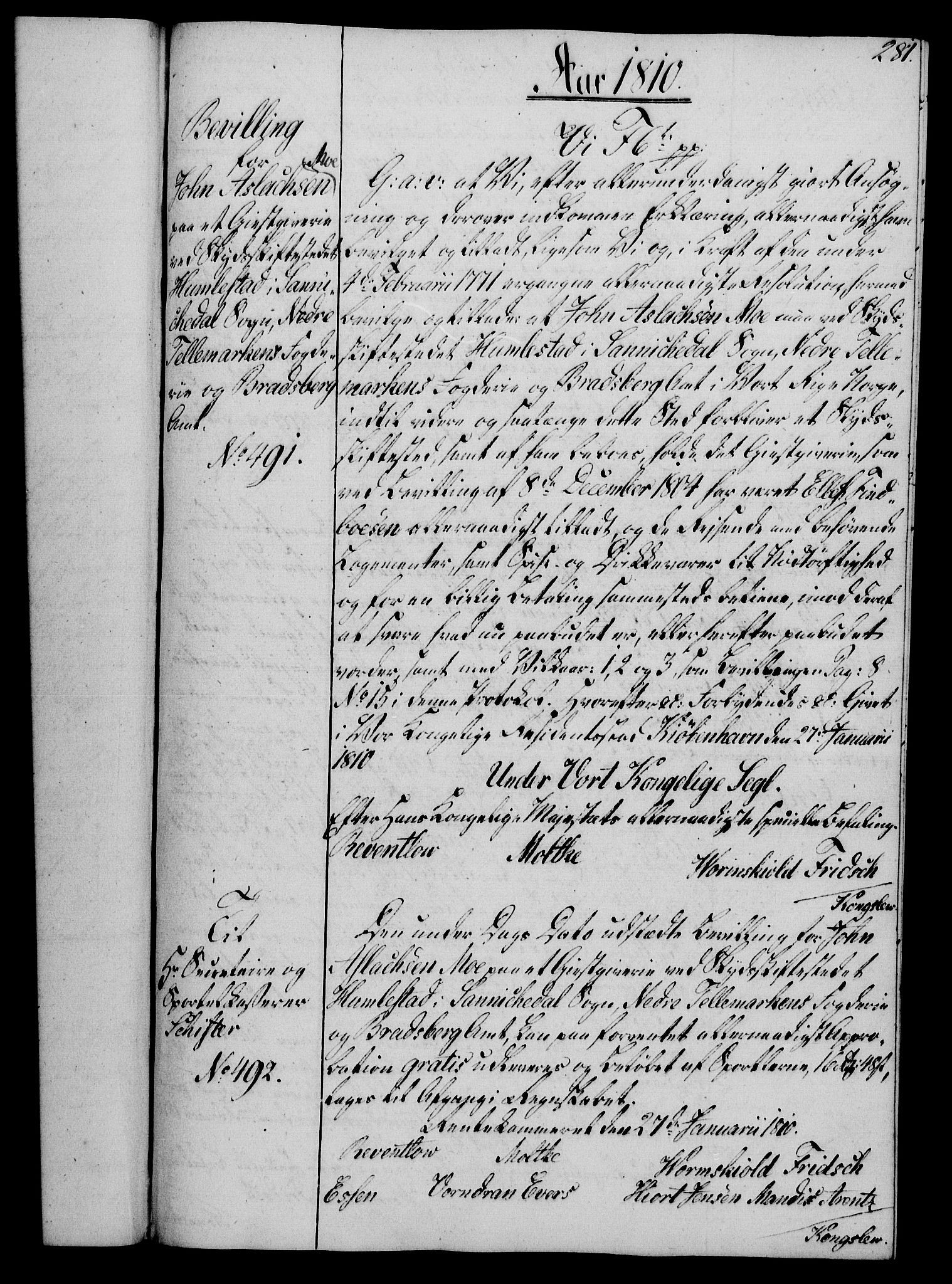 Rentekammeret, Kammerkanselliet, RA/EA-3111/G/Gg/Gga/L0019: Norsk ekspedisjonsprotokoll med register (merket RK 53.19), 1807-1810, p. 281