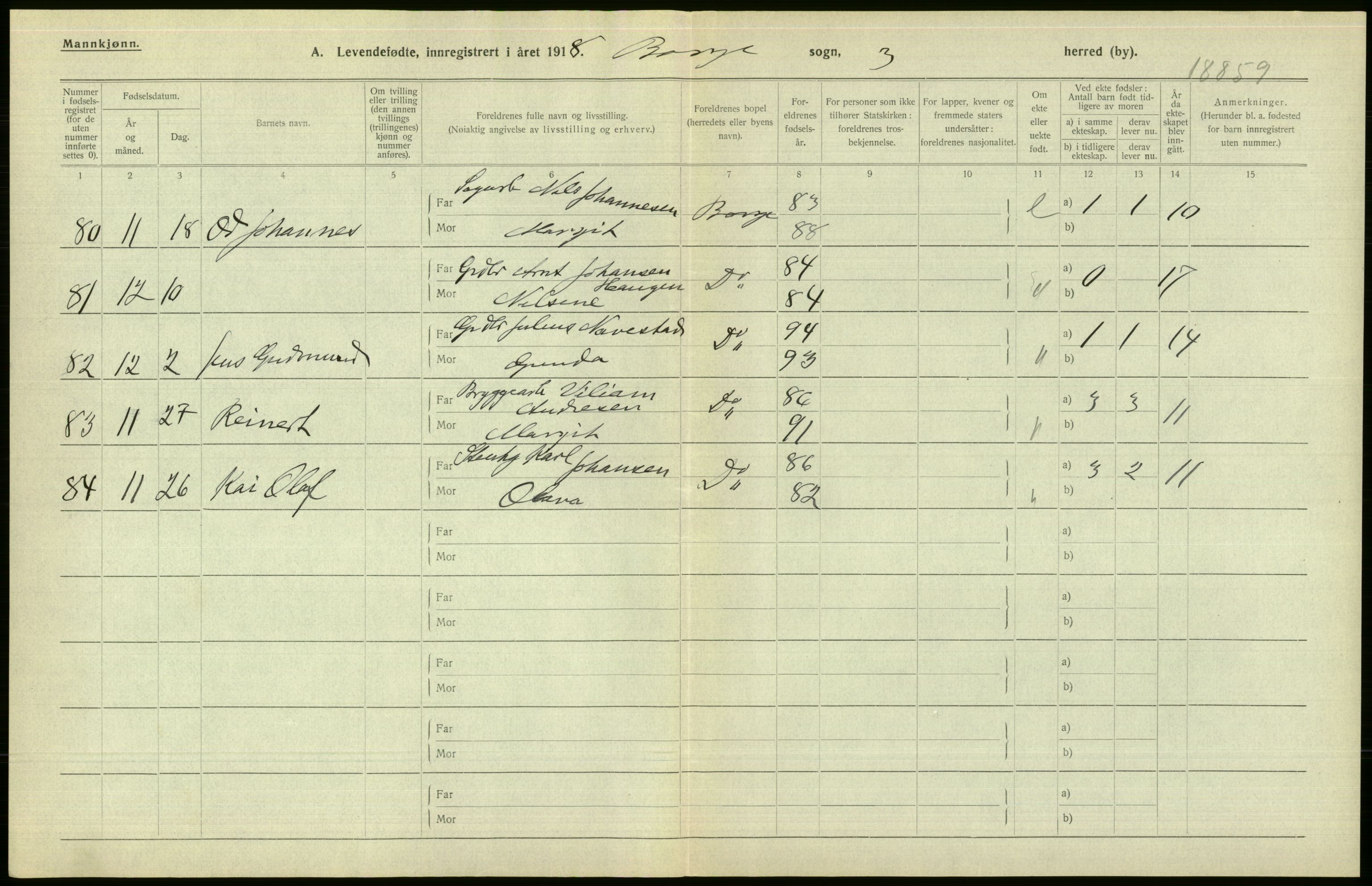 Statistisk sentralbyrå, Sosiodemografiske emner, Befolkning, RA/S-2228/D/Df/Dfb/Dfbh/L0001: Østfold fylke: Levendefødte menn og kvinner. Bygder., 1918, p. 42