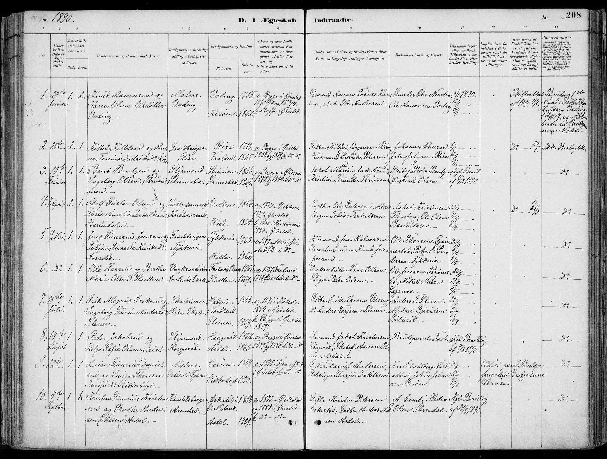 Øyestad sokneprestkontor, SAK/1111-0049/F/Fa/L0017: Parish register (official) no. A 17, 1887-1896, p. 208