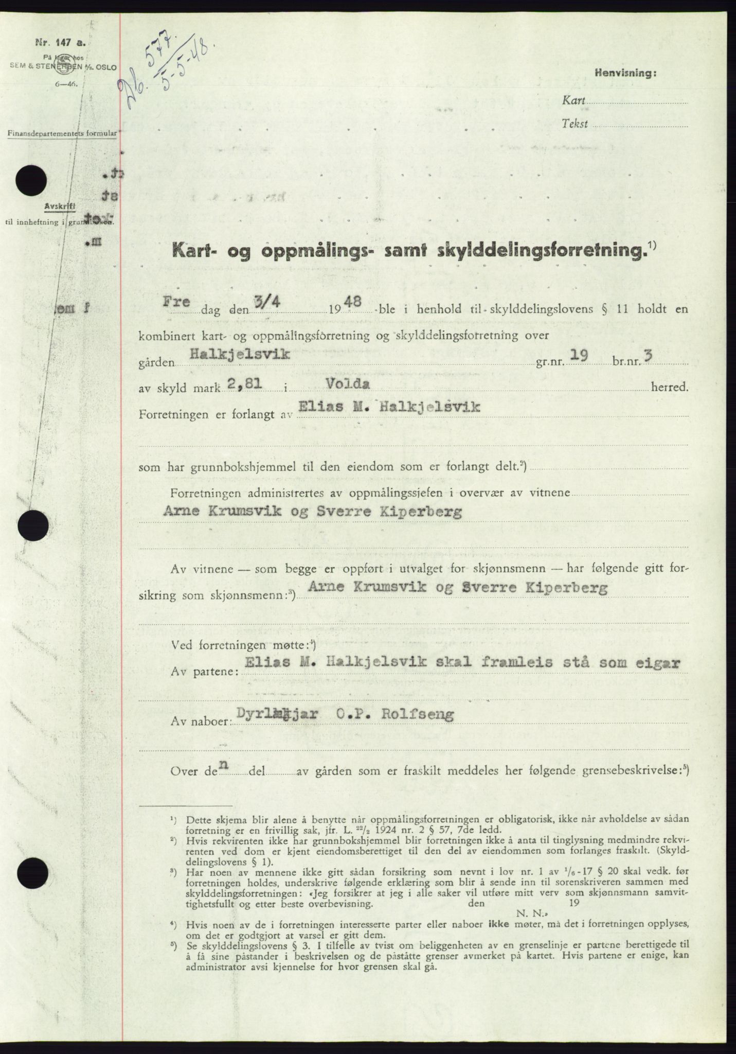 Søre Sunnmøre sorenskriveri, AV/SAT-A-4122/1/2/2C/L0082: Mortgage book no. 8A, 1948-1948, Diary no: : 577/1948